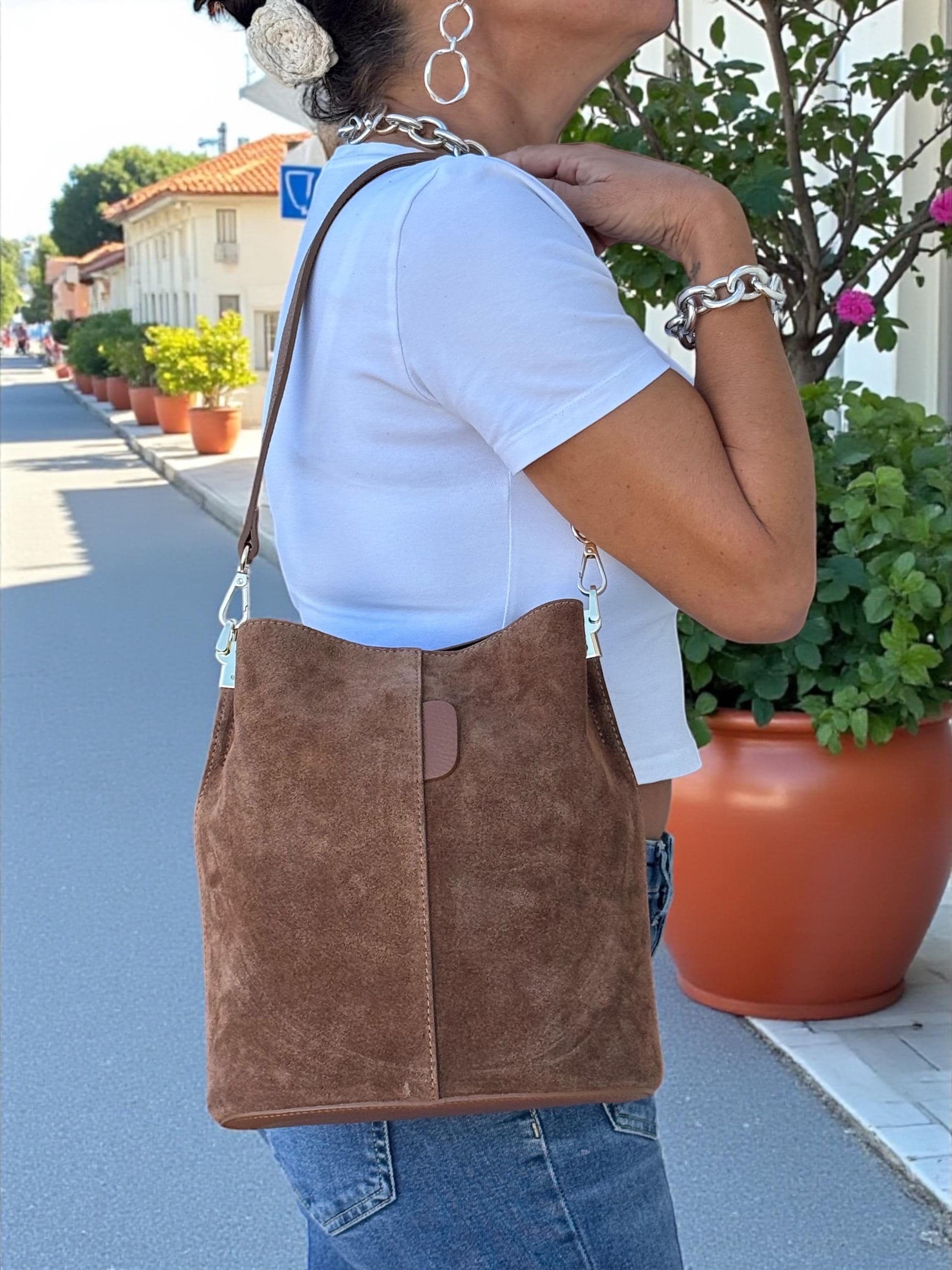 Genuine Suede Camel Brown medium size Bucket Bag
