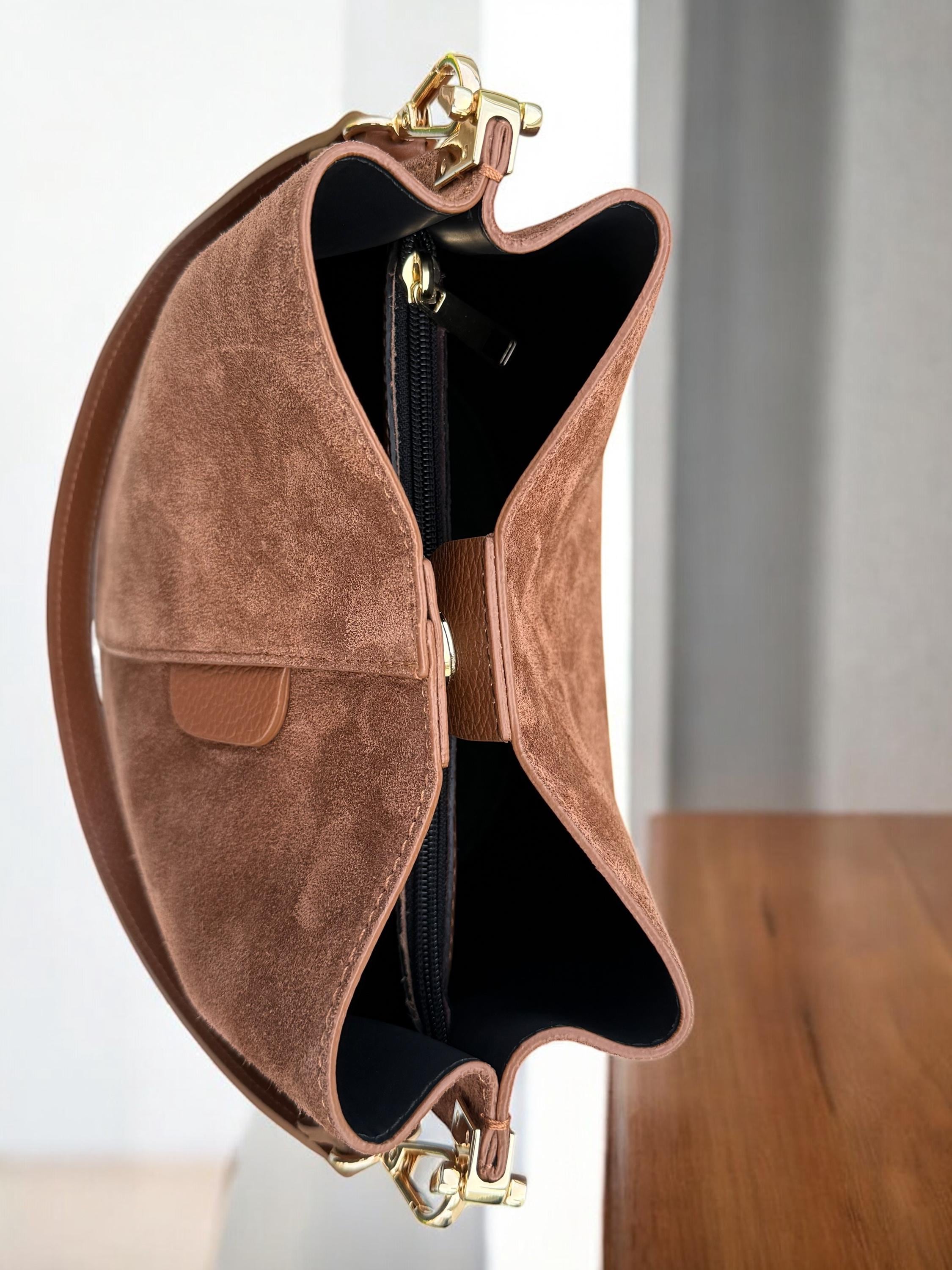 Genuine Suede Camel Brown medium size Bucket Bag