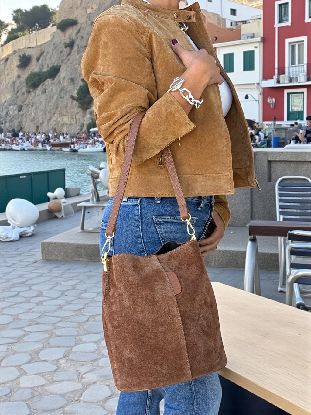 Genuine Suede Camel Brown medium size Bucket Bag