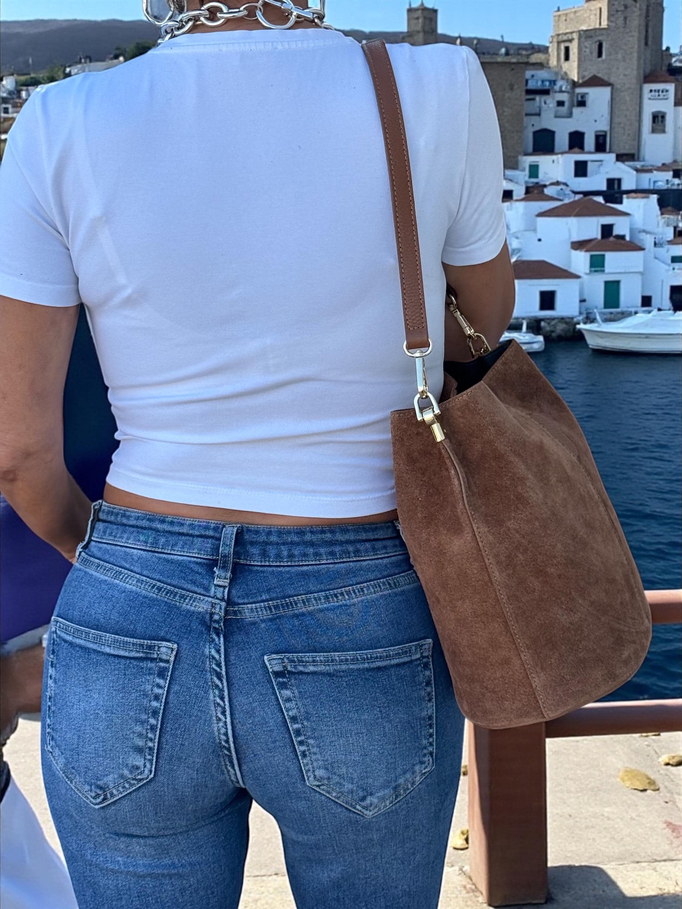 Genuine Suede Camel Brown medium size Bucket Bag