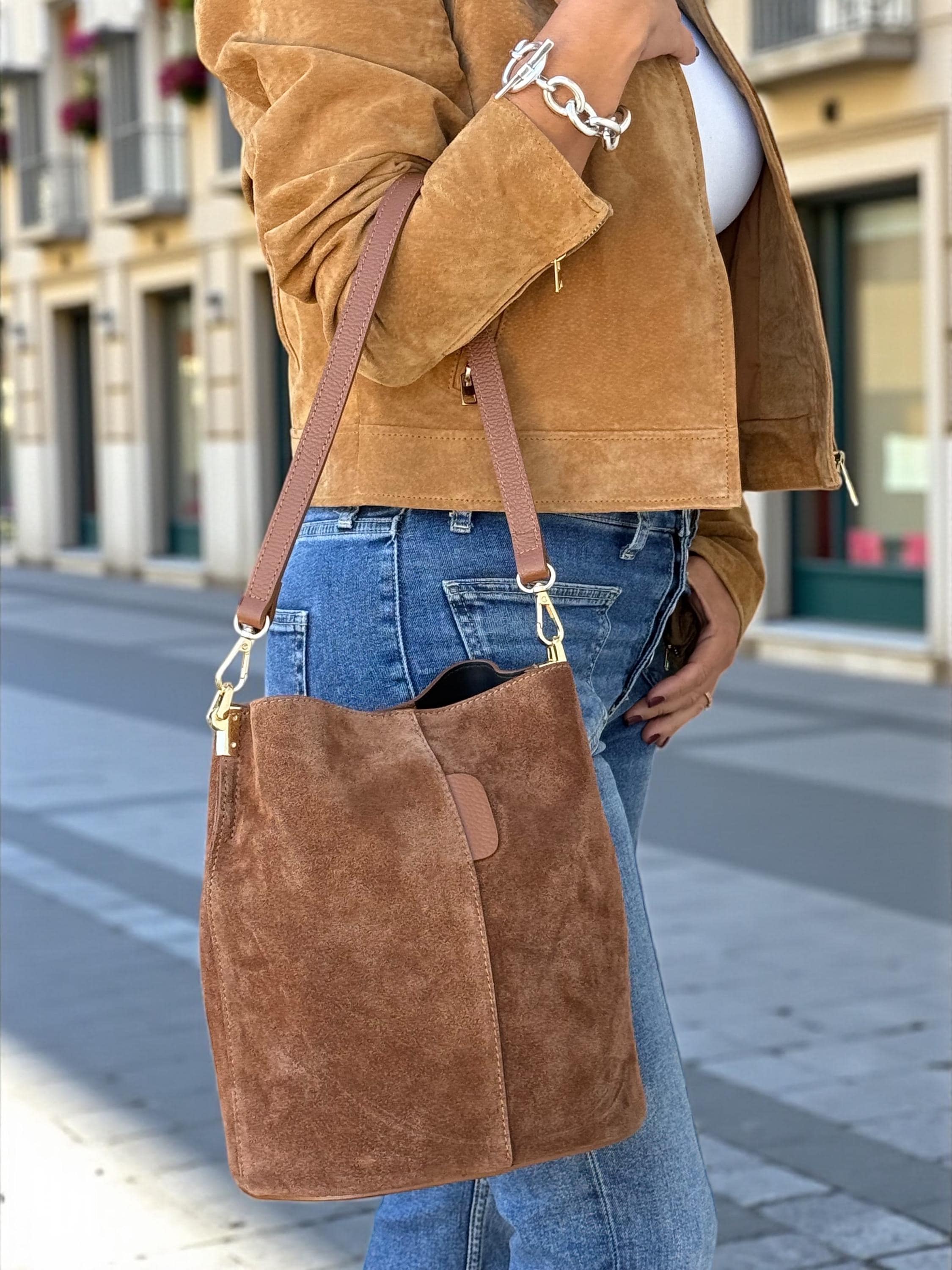 Genuine Suede Camel Brown medium size Bucket Bag