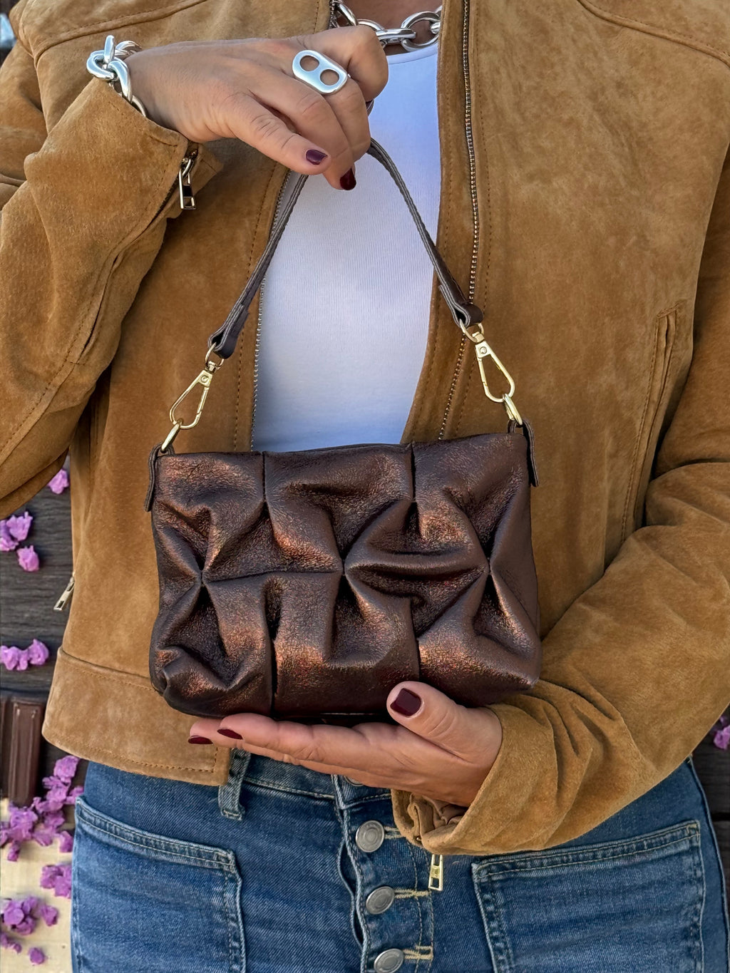 Mini Metallic Ruched Clutch – Genuine Italian Leather