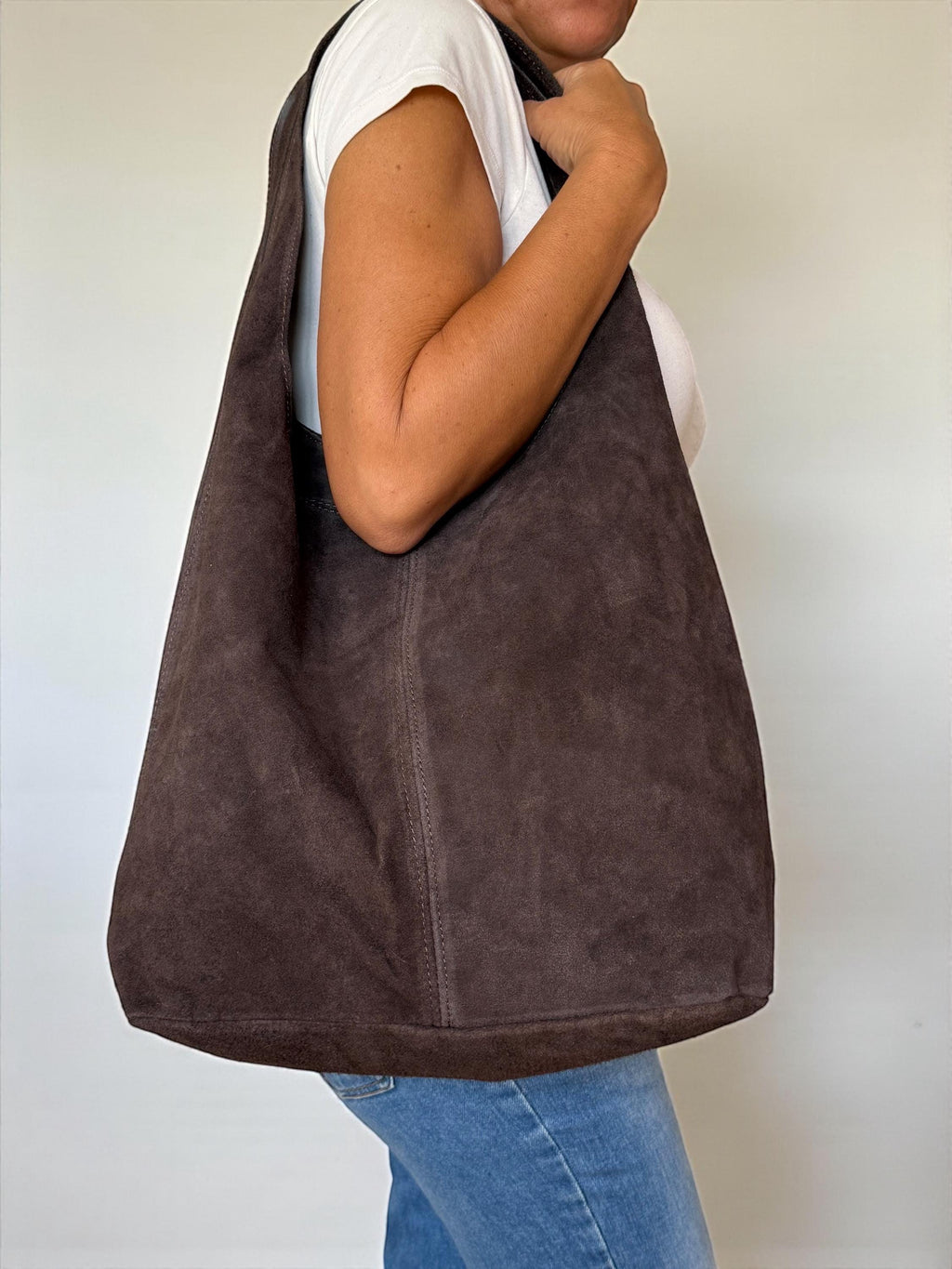 Large chocolate brown suede hobo bag with V-shaped opening Paloma Palomo