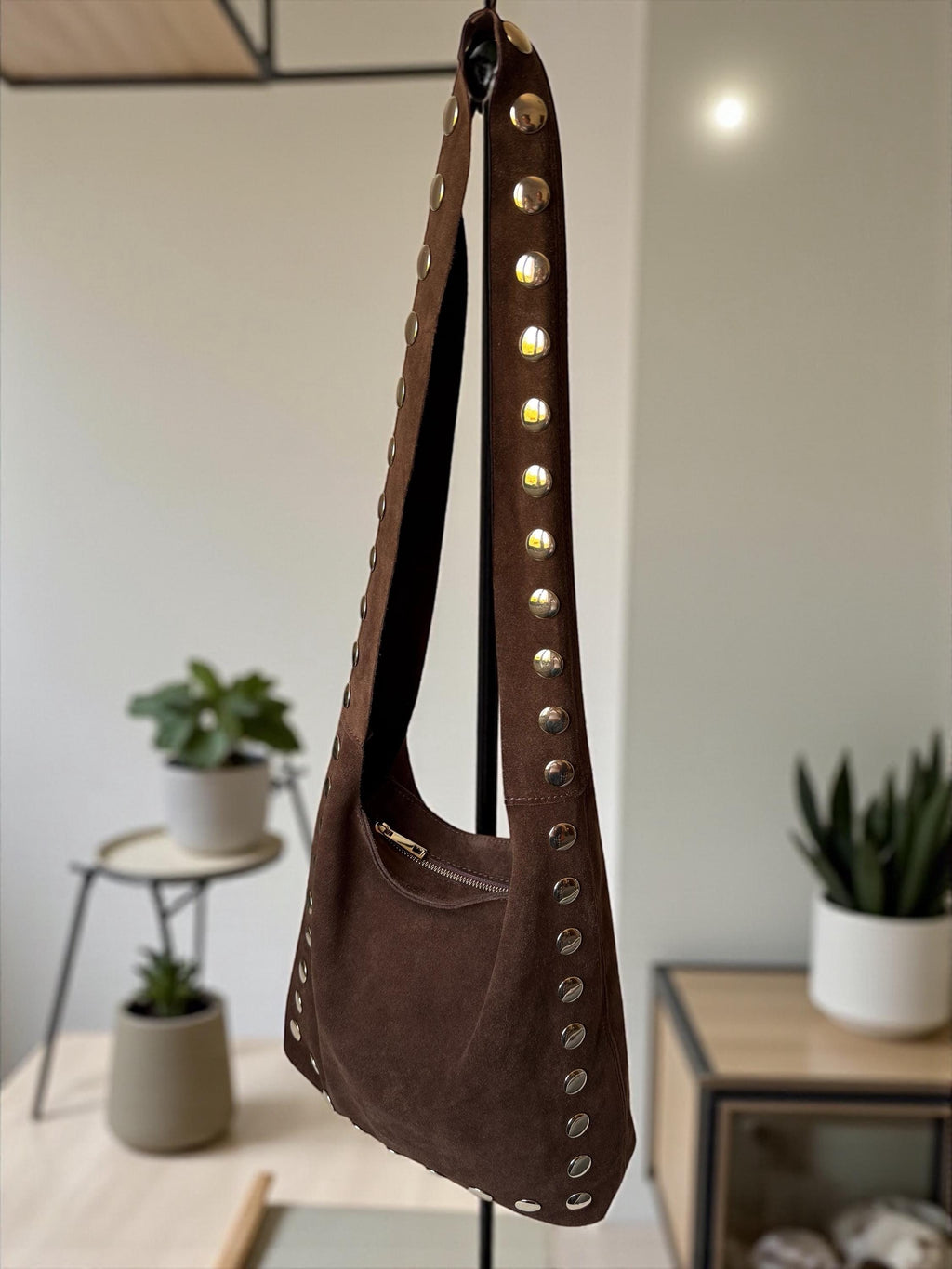 Large studded Italian suede shoulder bag with gold accents - Paloma Palomo