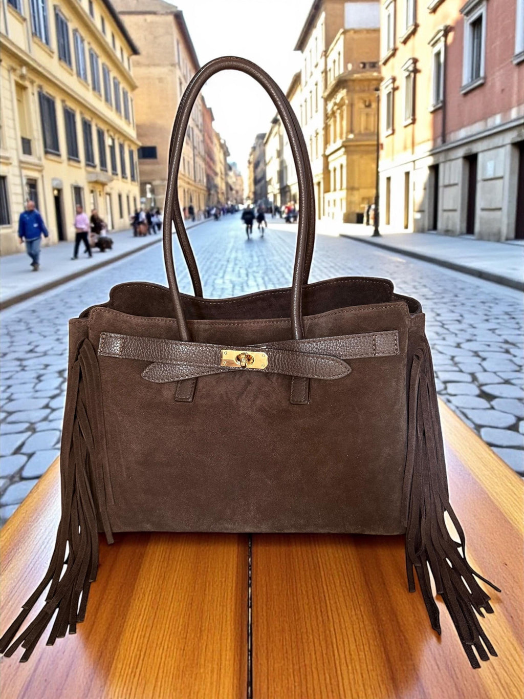 Close-up of long suede fringes and premium leather texture