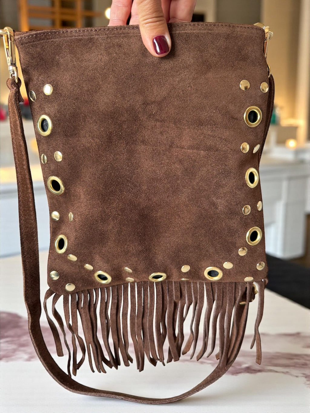 Chocolate brown Suede fringe crossbody Paloma Palomo