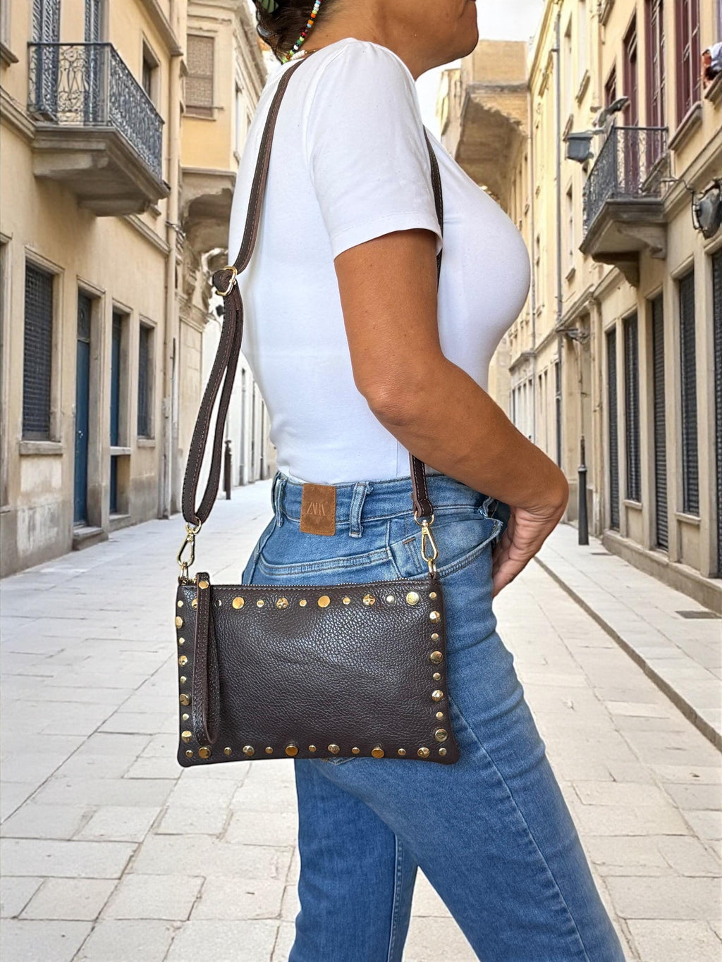 Chocolate brown crossbody bag with gold studs Paloma Palomo