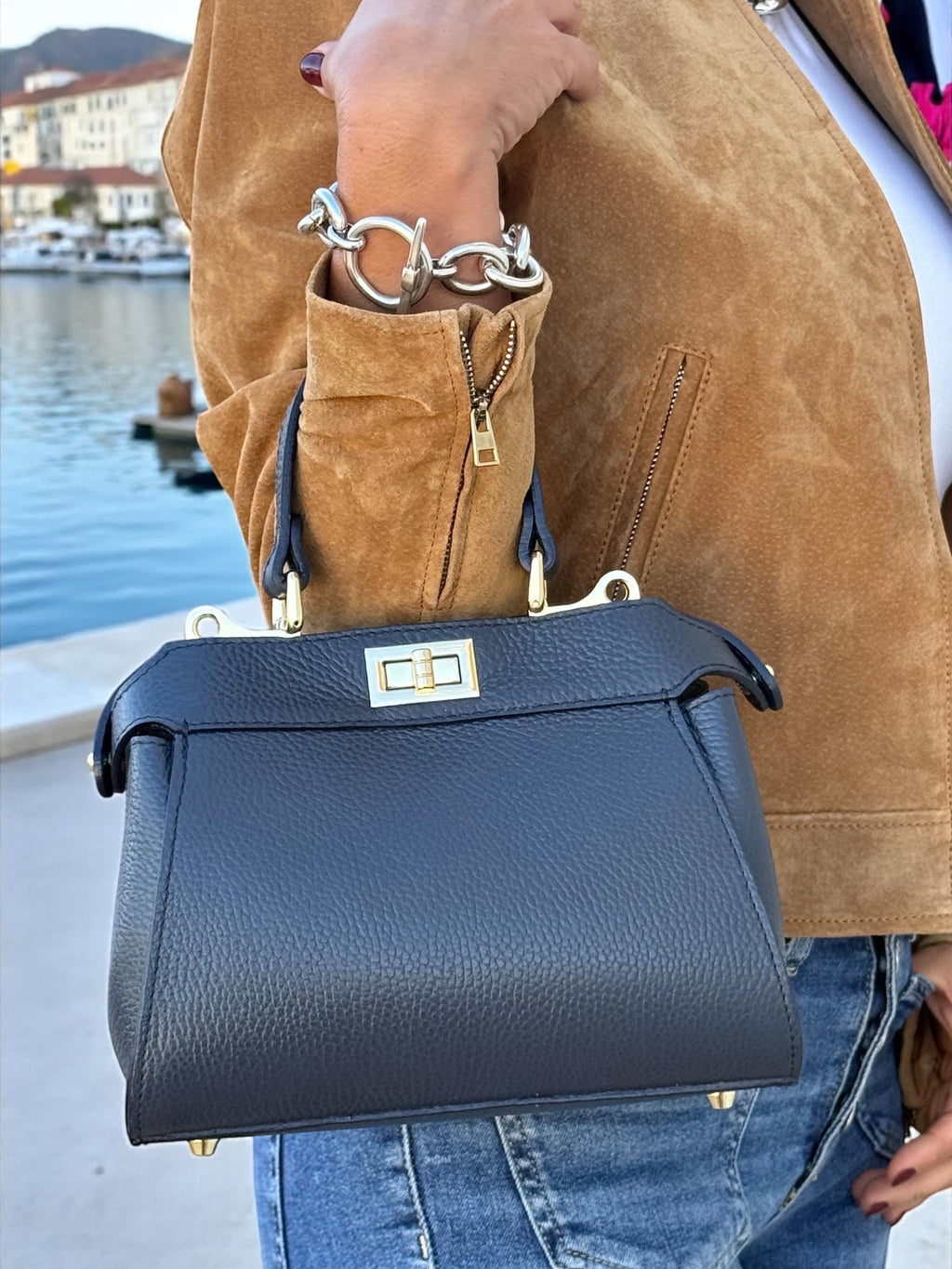 Blue leather handbag