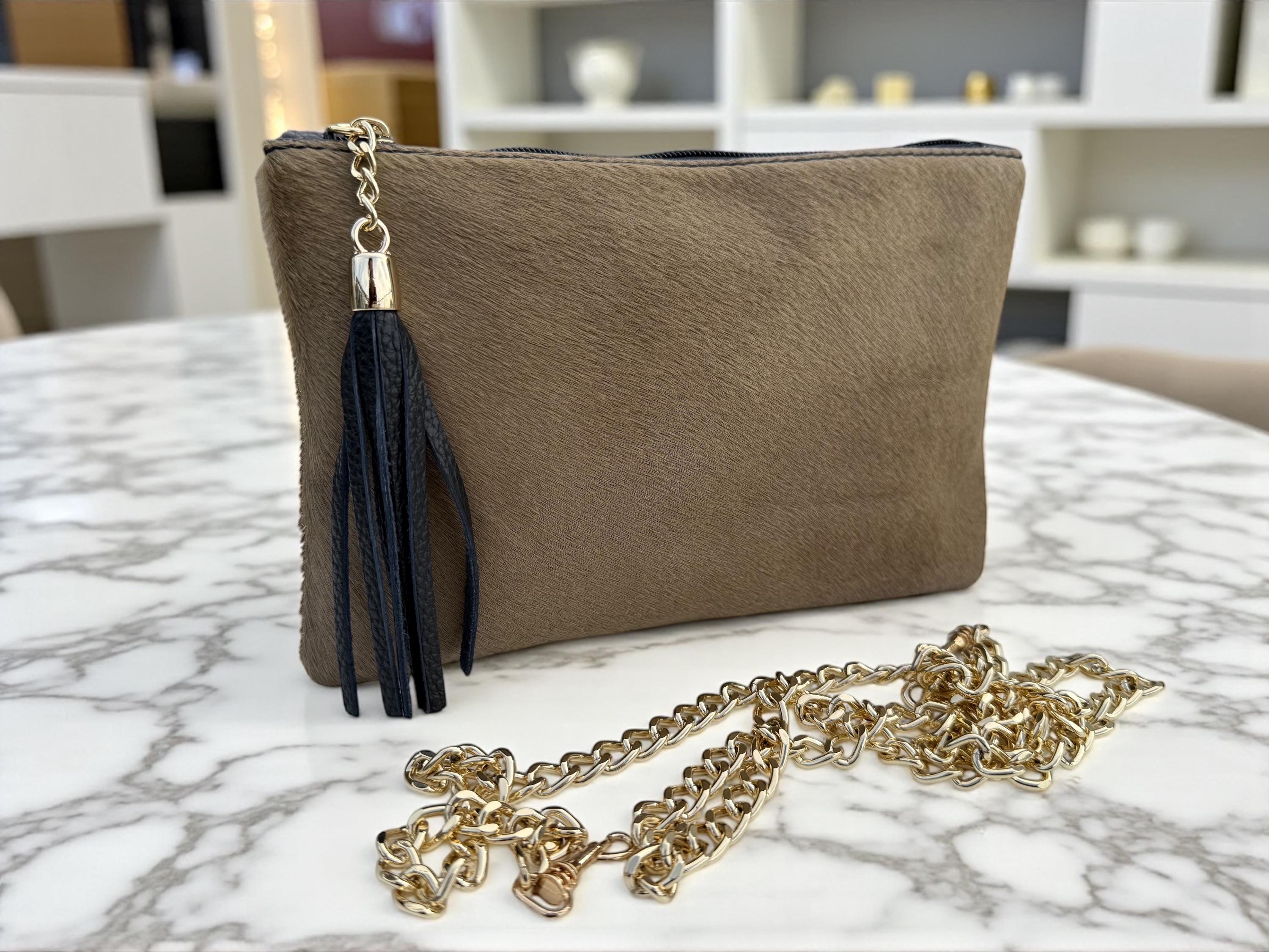  soft taupe Italian pony hair leather with tassel