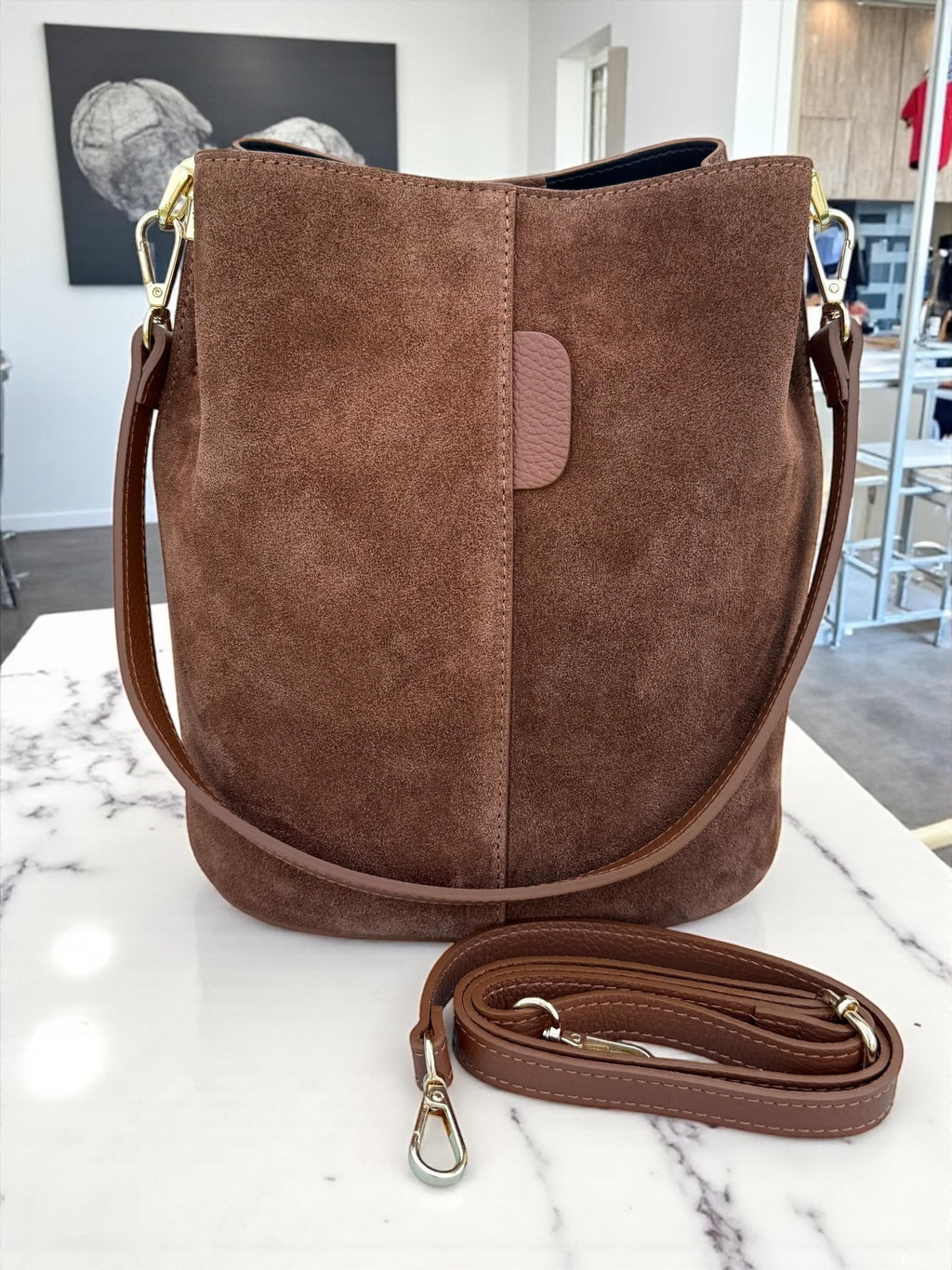 Italian suede camel bucket bag
