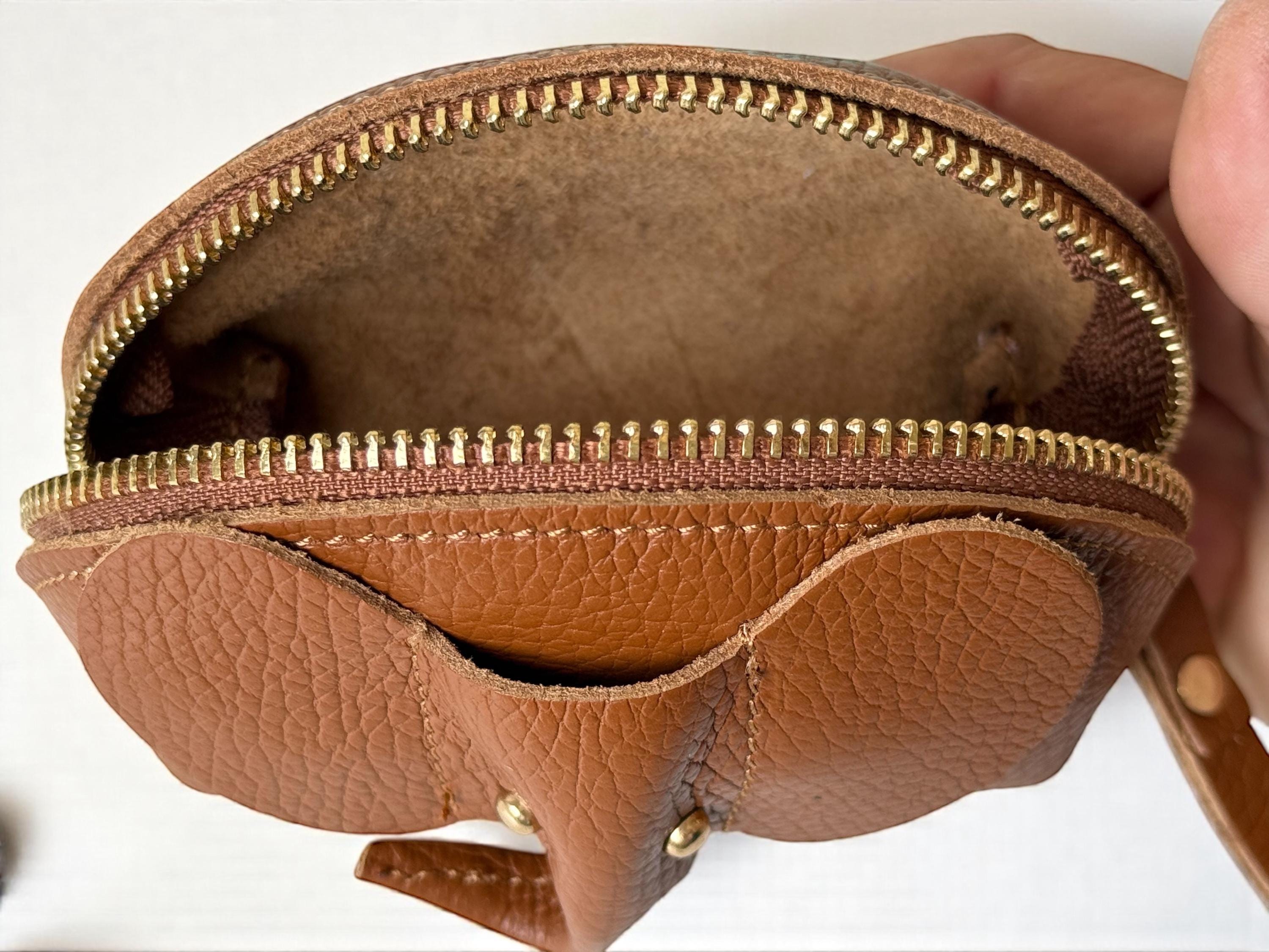 Top view of the zippered opening on the elephant leather coin purse