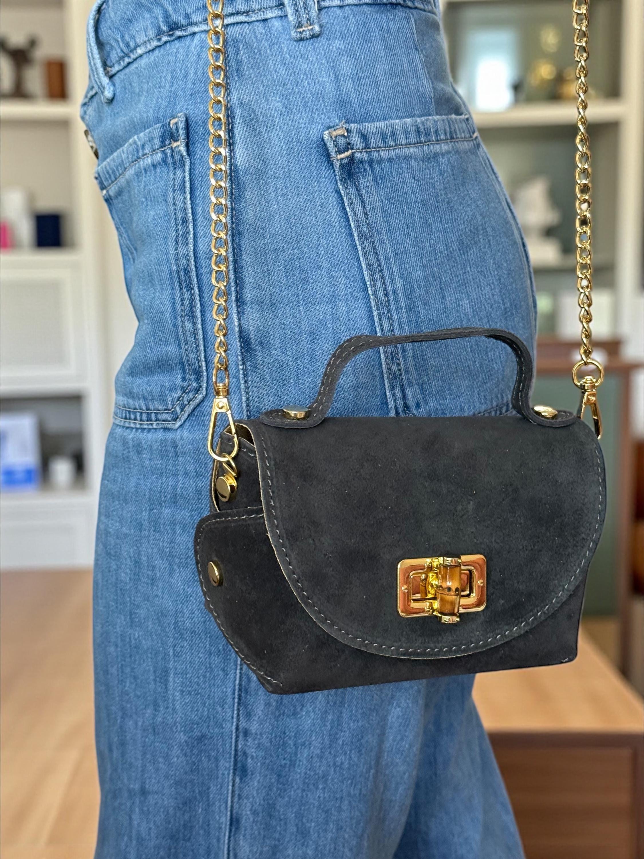 Small structured suede bag with long gold chain strap crossbody Paloma Palomo
