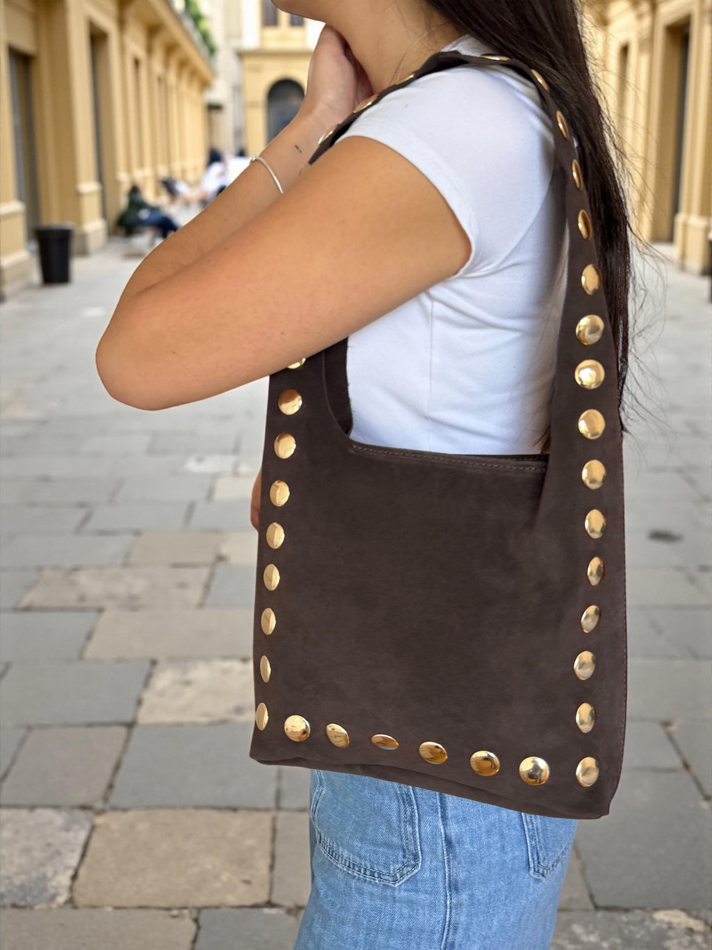 Gold studs brown suede tote bag Paloma Palomo