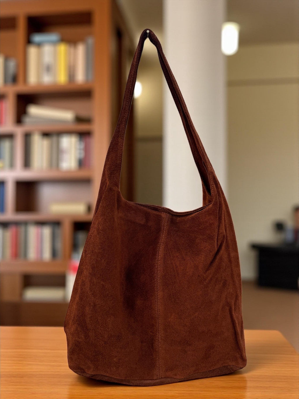 Large chocolate brown slouchy suede shoulder hobo bag - Paloma Palomo Quiet Luxury