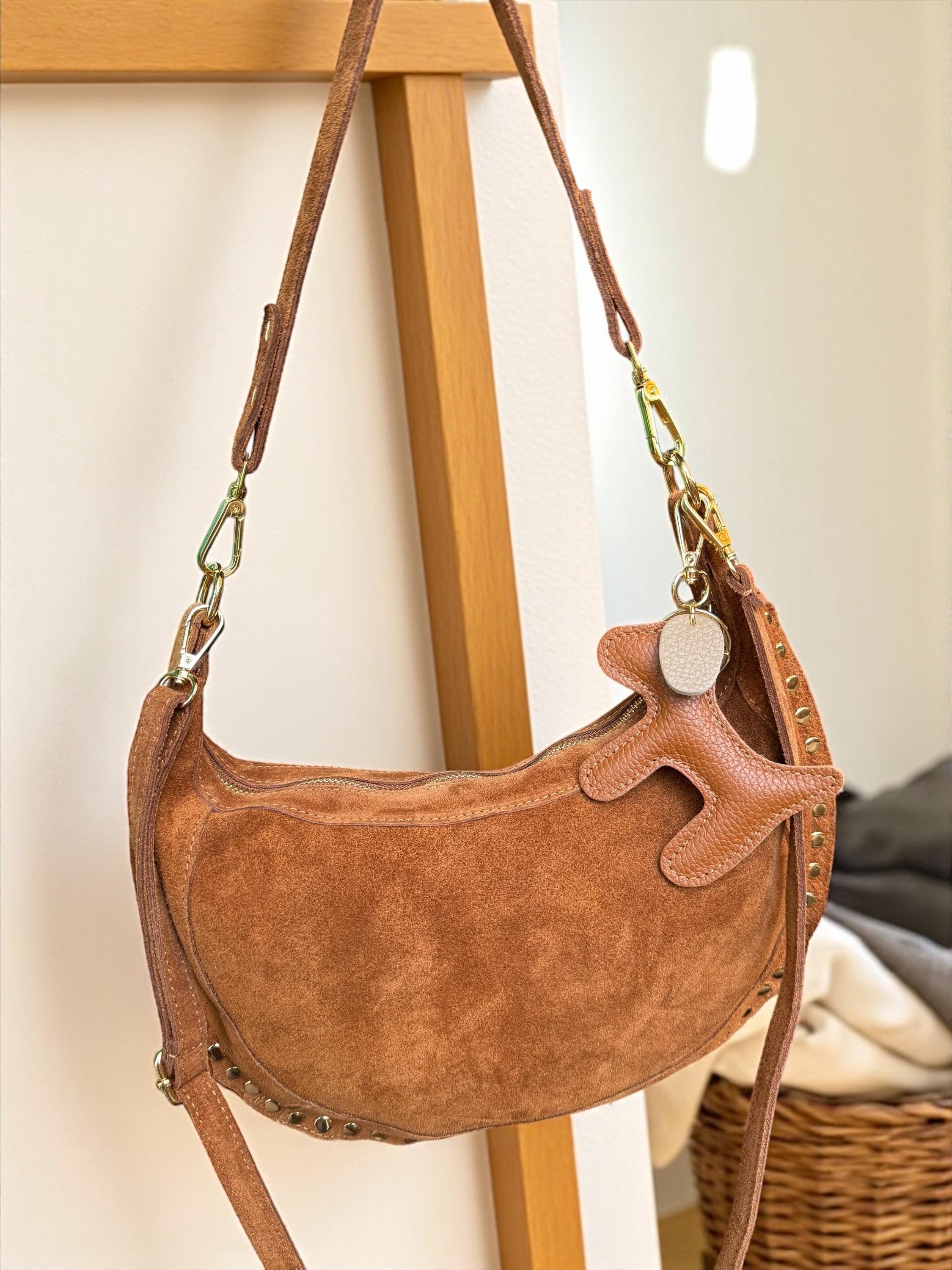 Camel suede  bag with leather bag accessory