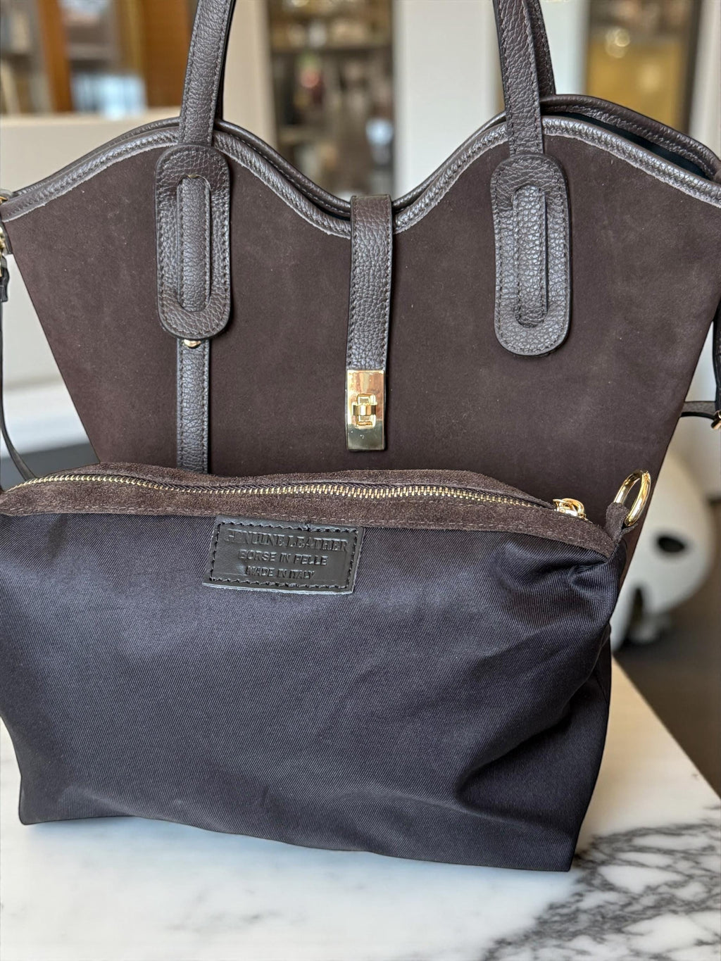 Leather and suede  Chocolate Brown Trapezoide tote bag with removable suede pouch Paloma Palomo