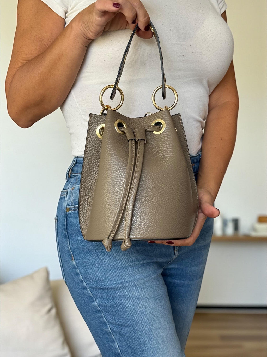 Mini Taupe Italian pebbled leather bucket bag - Paloma Palomo
