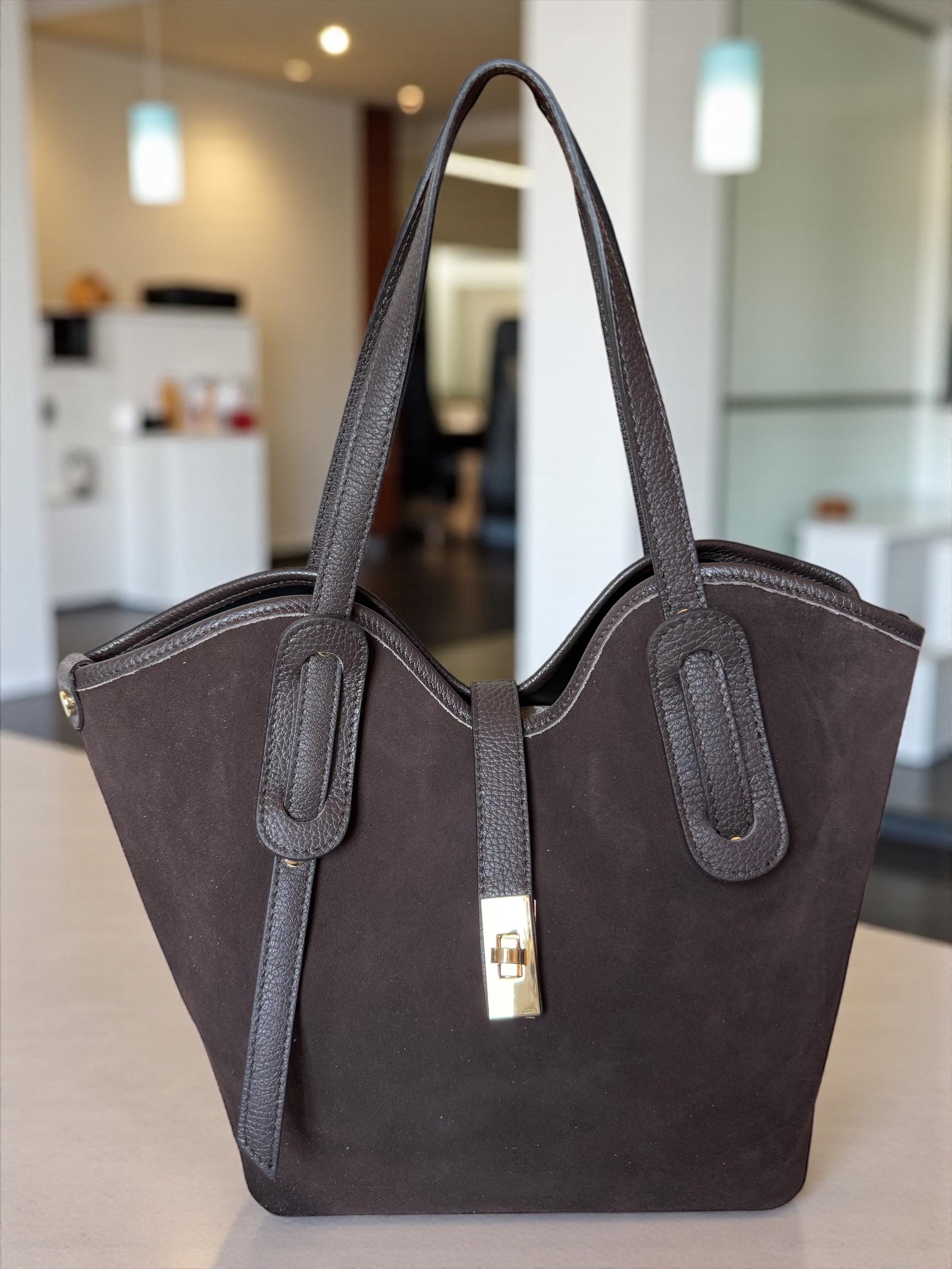 Chocolate brown leather and suede trapezoid tote with gold hardware