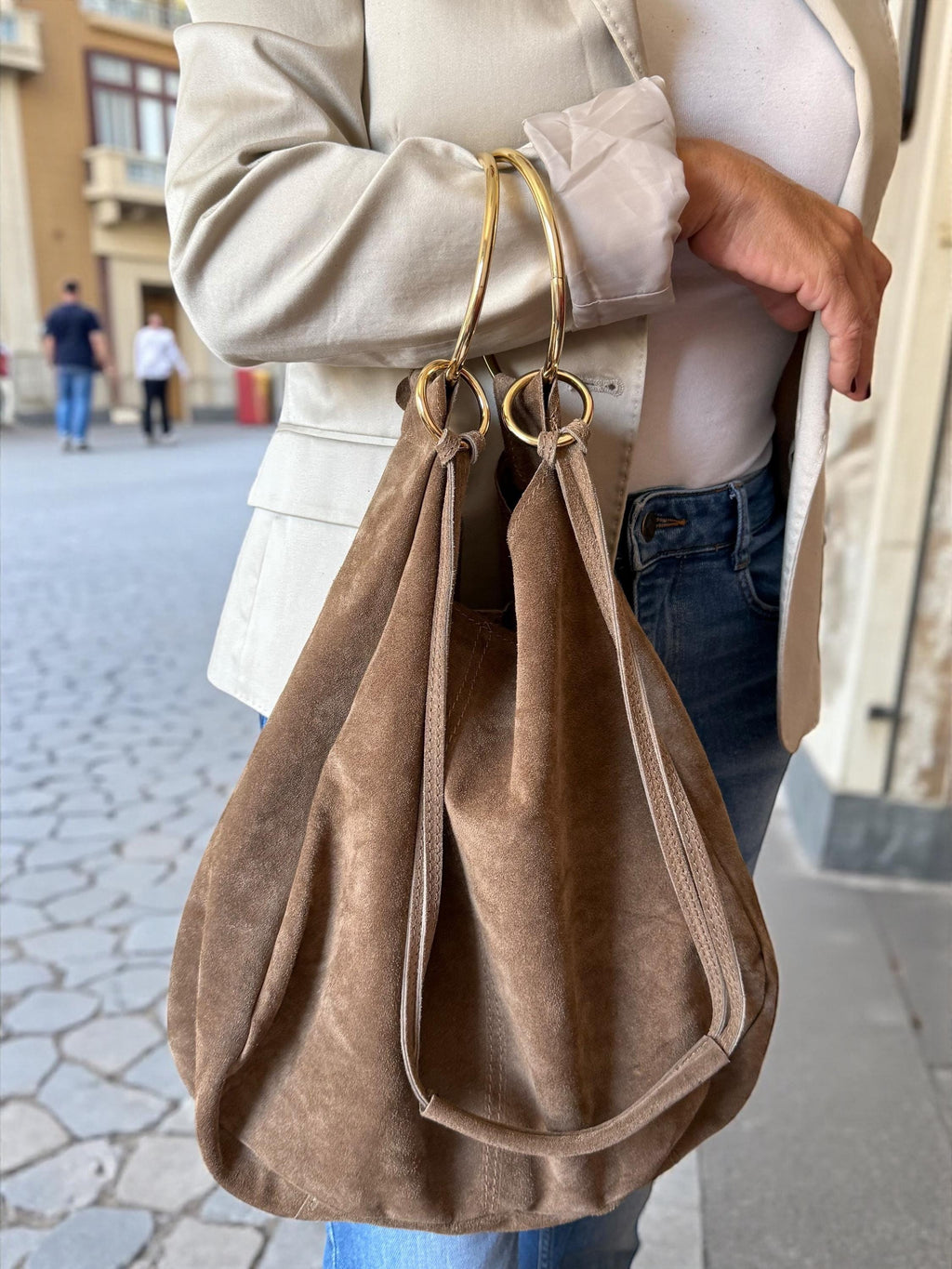 Oversized Italian suede tote bag in warm earthy tone with gold ring handles - Paloma Palomo