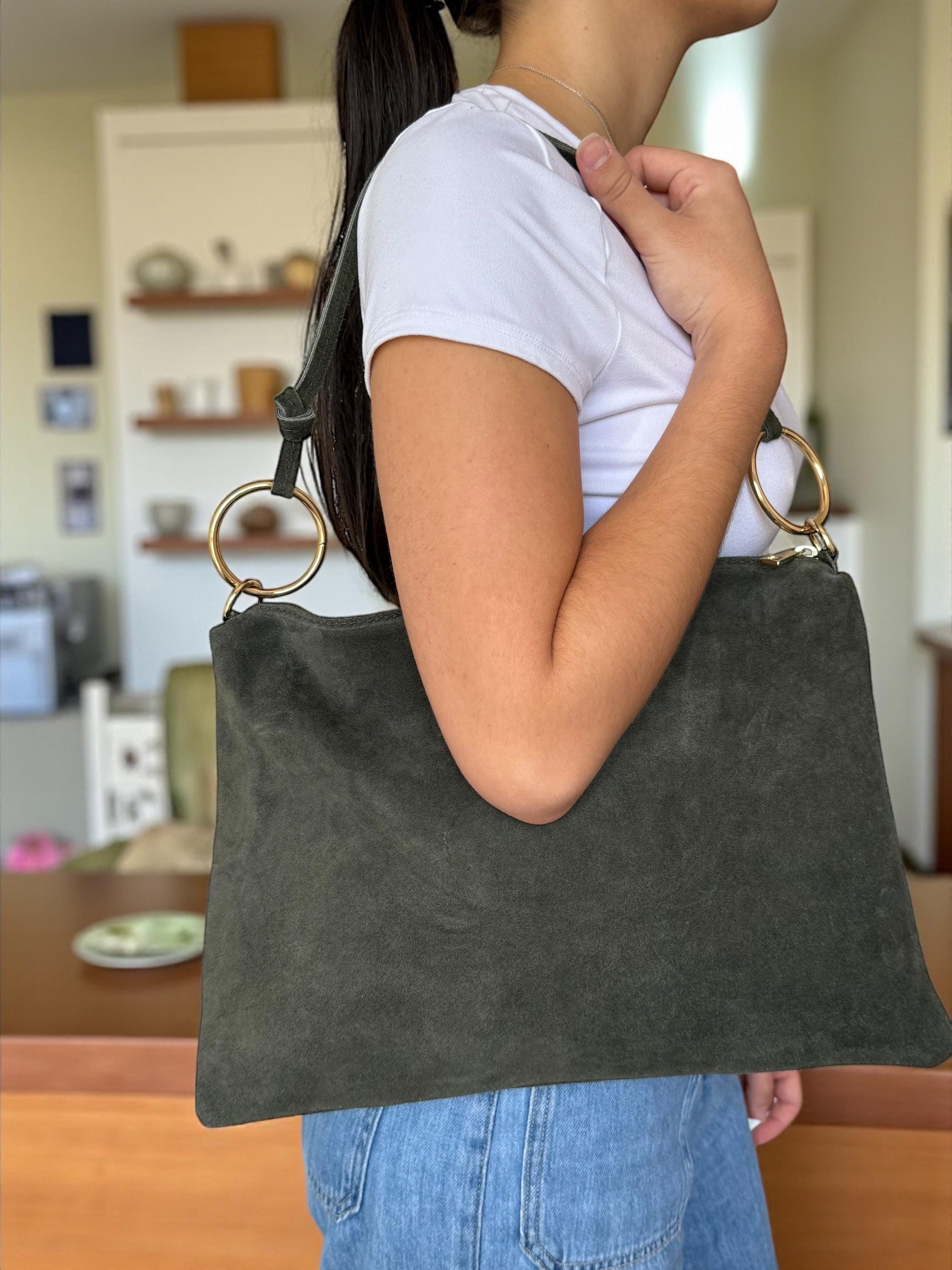 olive green suede shopper bag