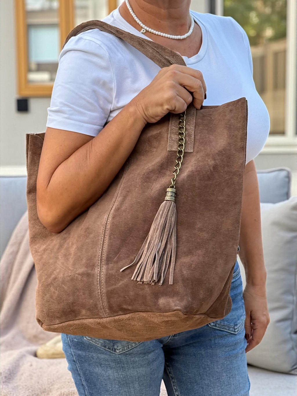brown suede shopper