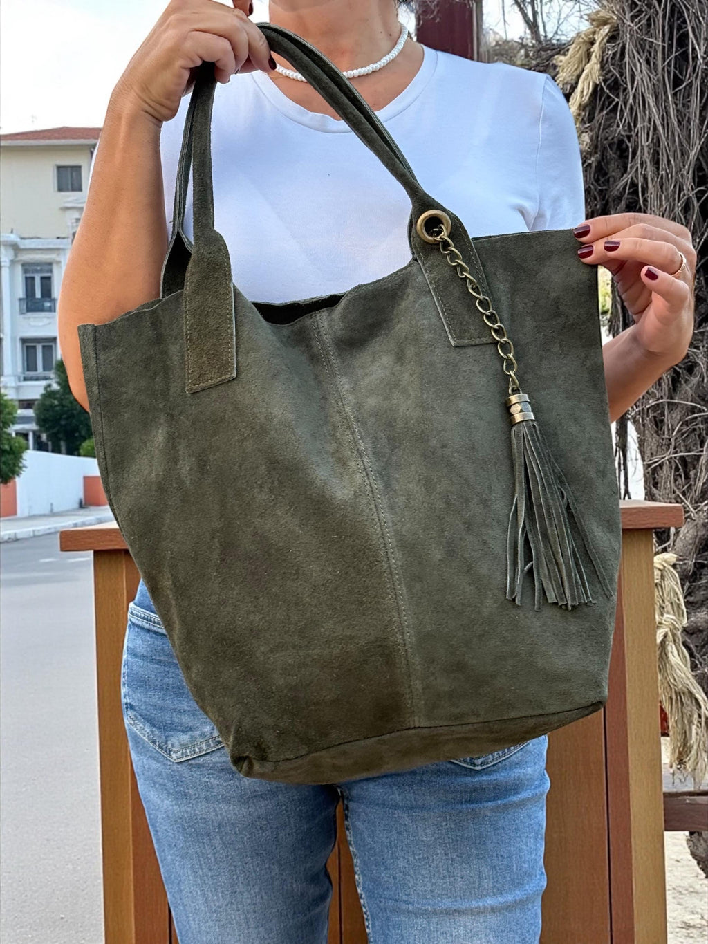 Olive green leather tote bag