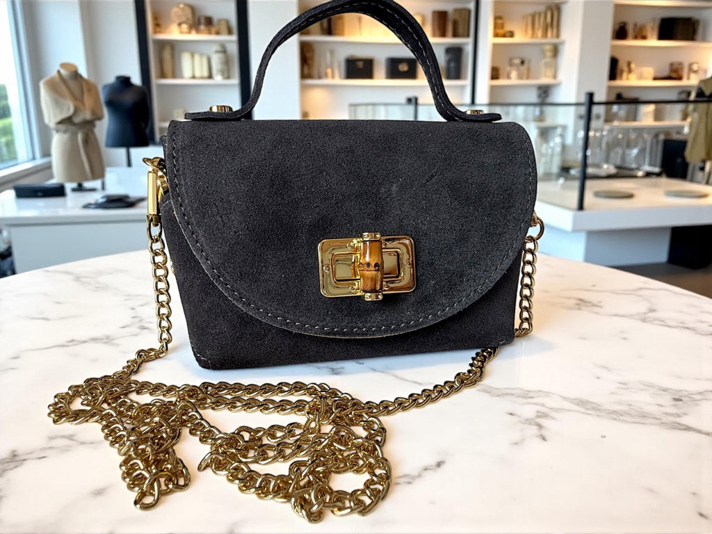 Small structured grey suede  bag with long gold chain strap crossbody Paloma Palomo