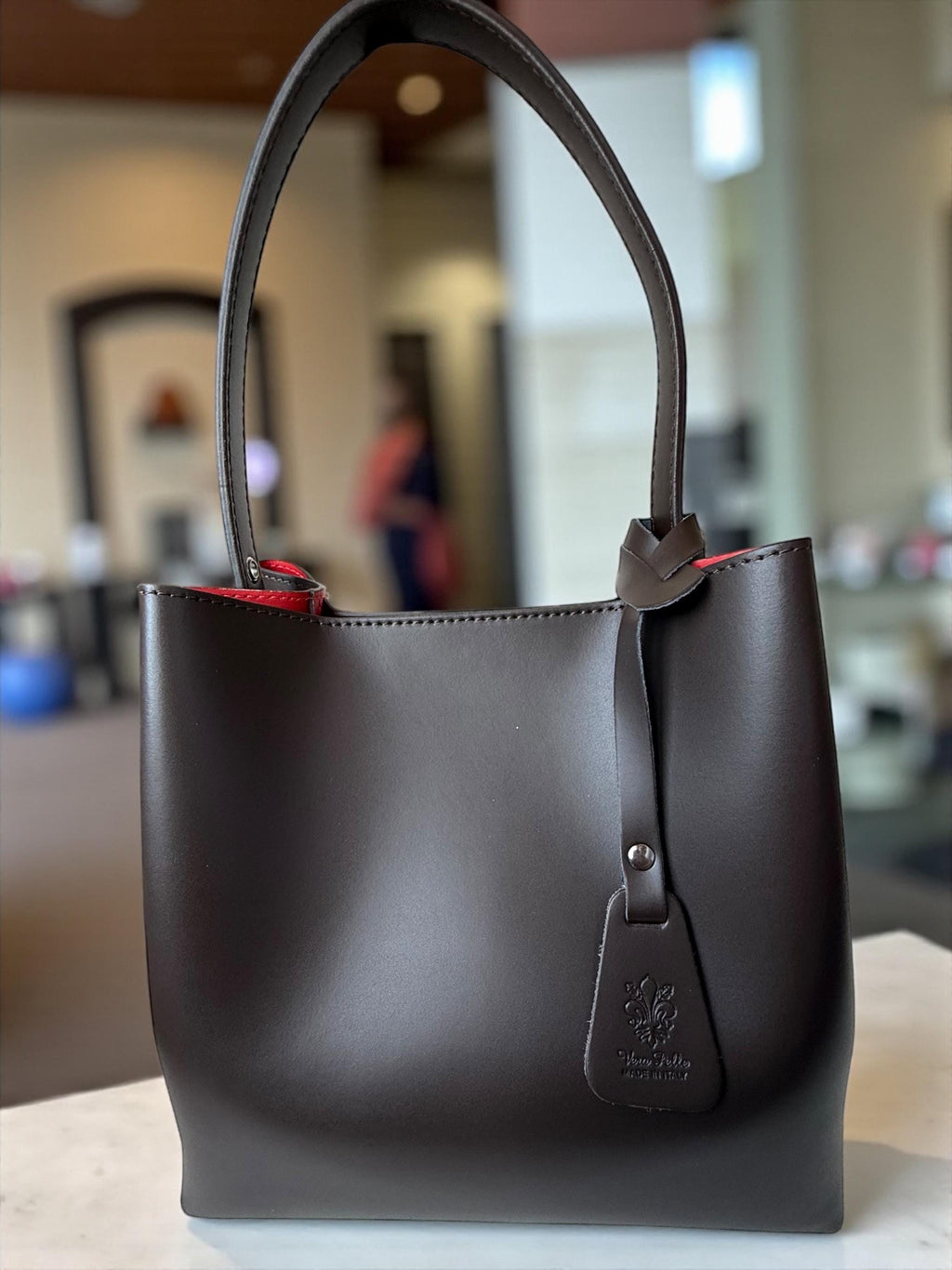 Chocolate brown and red Smooth leather shoulder bag