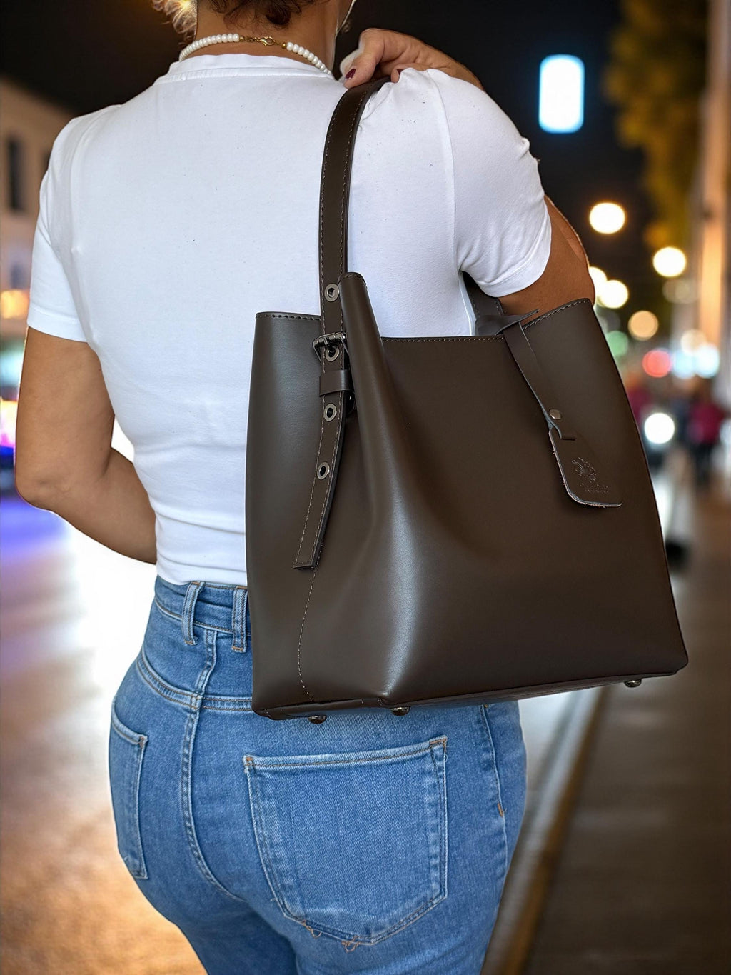 Structure chocolate brown genuine leather shopper Paloma Palomo