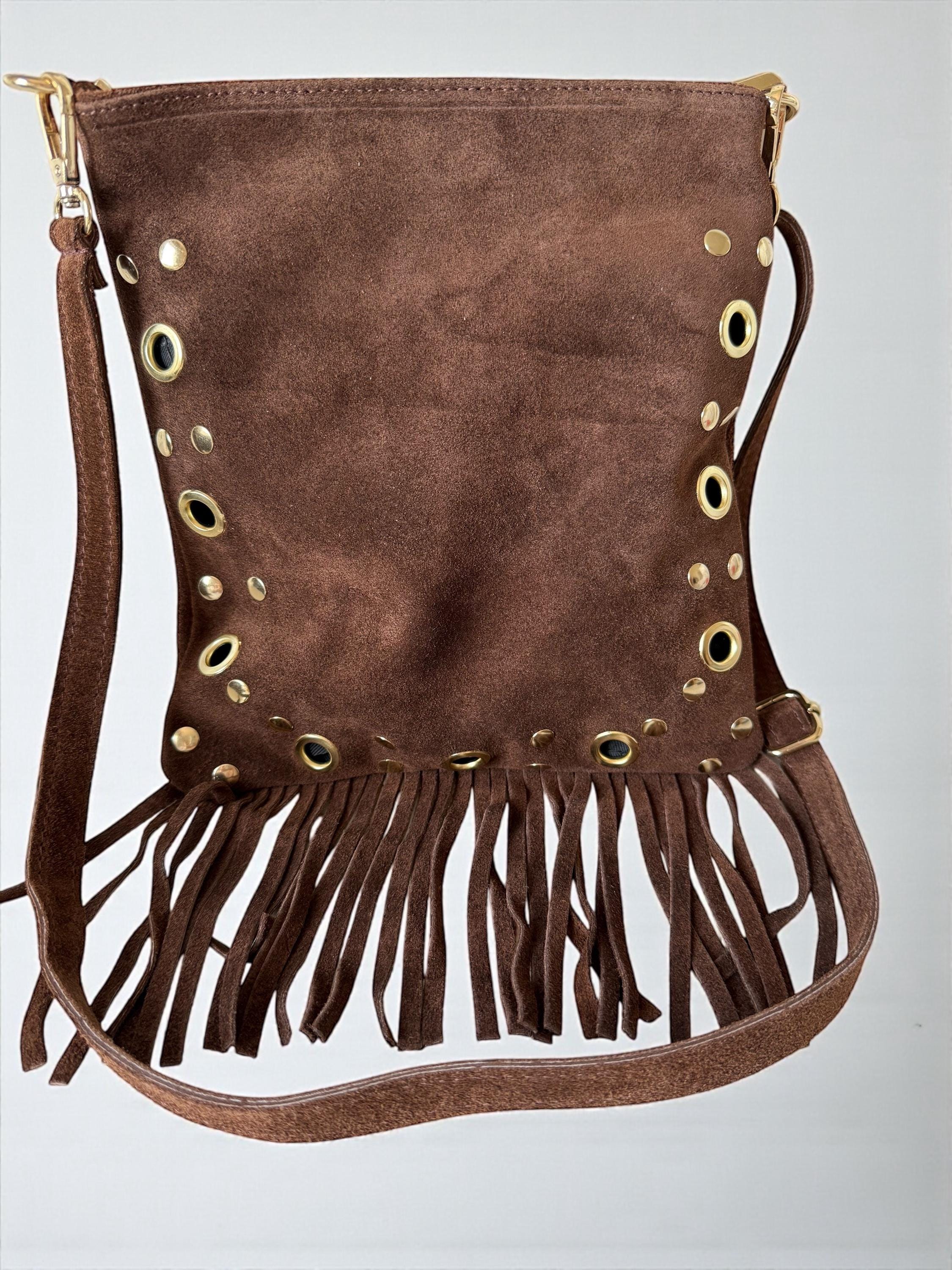 Suede Fringe Crossbody Bag | Gold Eyelet Boho Purse Paloma Palomo