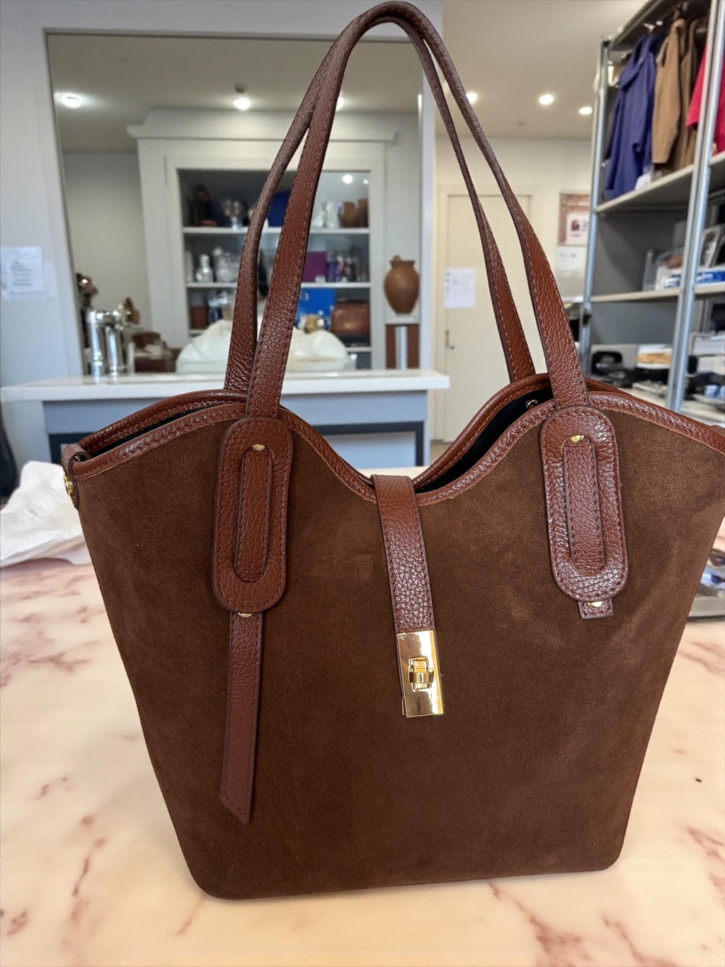 Camel tan Italian leather and suede trapezoid shopper bag