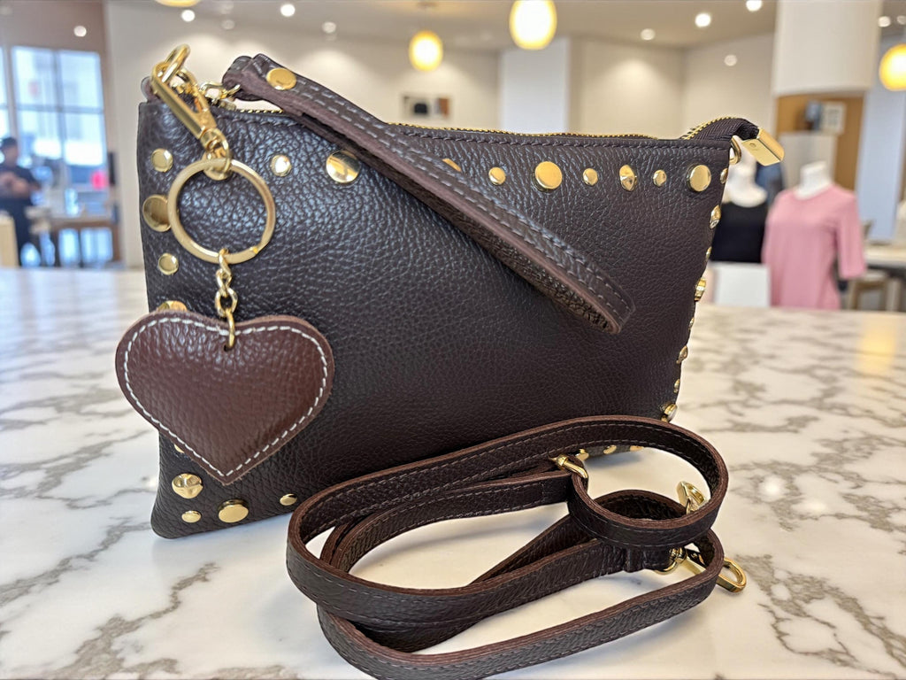 Chocolate brown Italian pebbled leather clutch with gold studs
