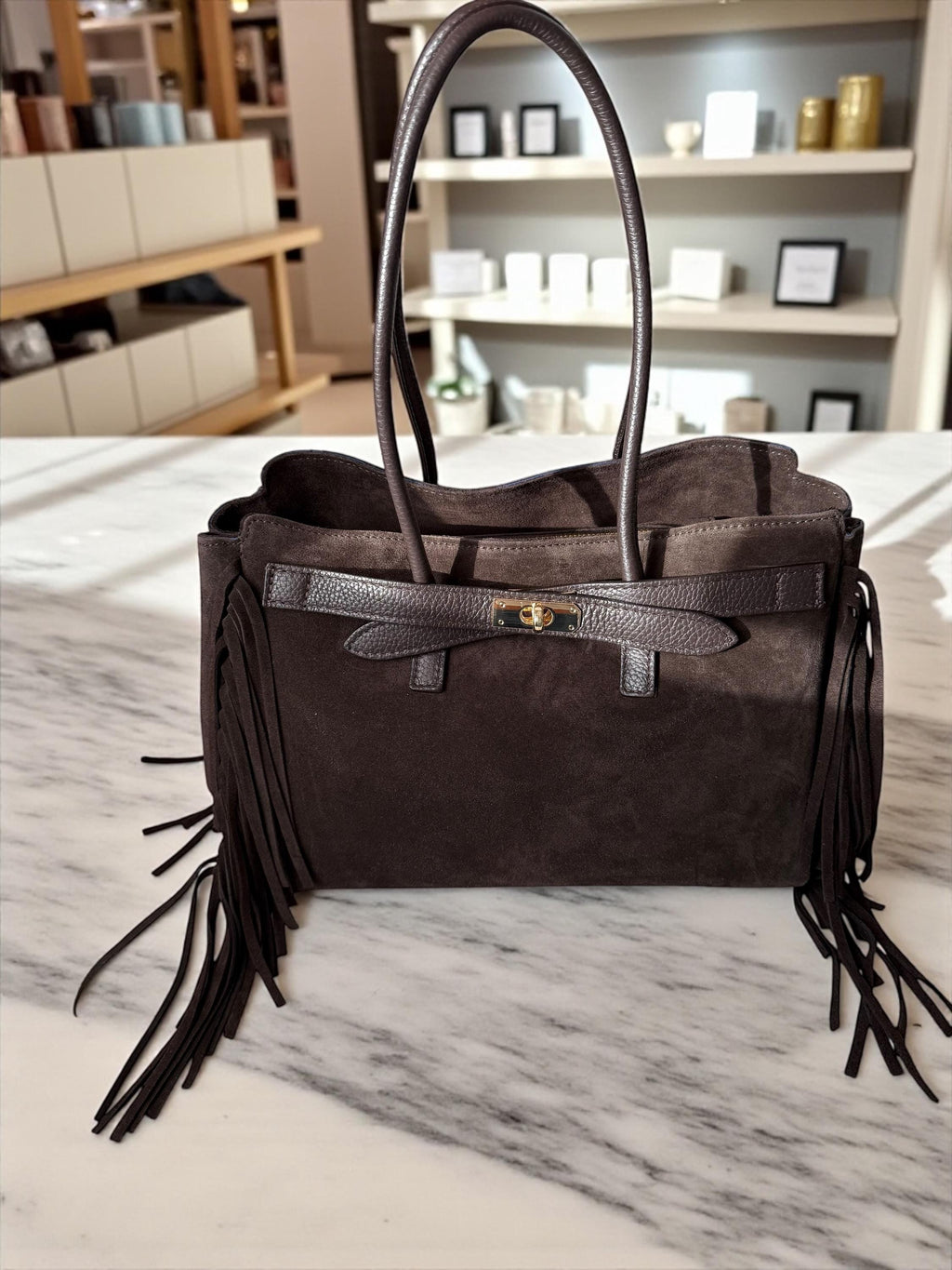 Top handle fringe brown handbag paloma palomo