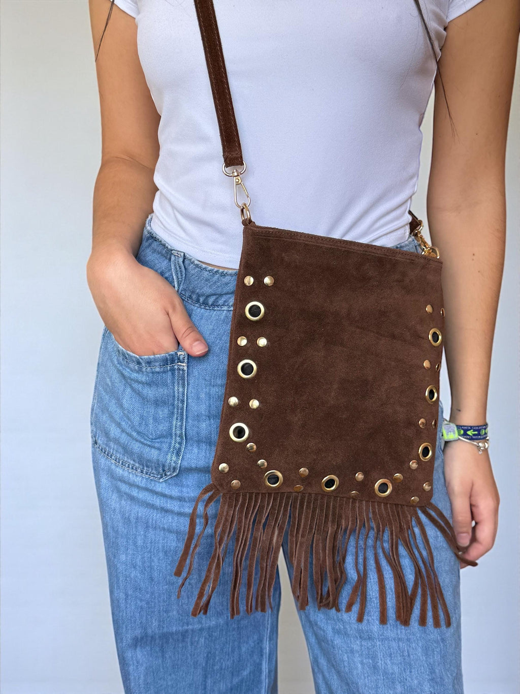Urban Style gold eyelets and long suede tassels crossbody bag Paloma Palomo