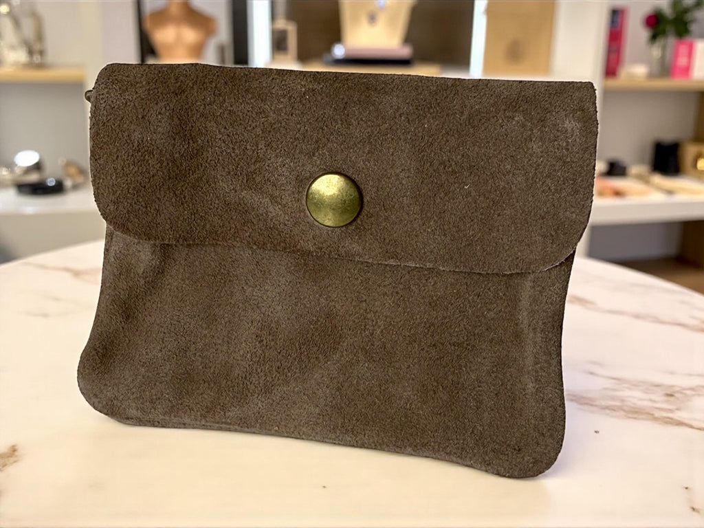 Mini Italian suede wallet with snap button flap in earthy tone - Paloma Palomo