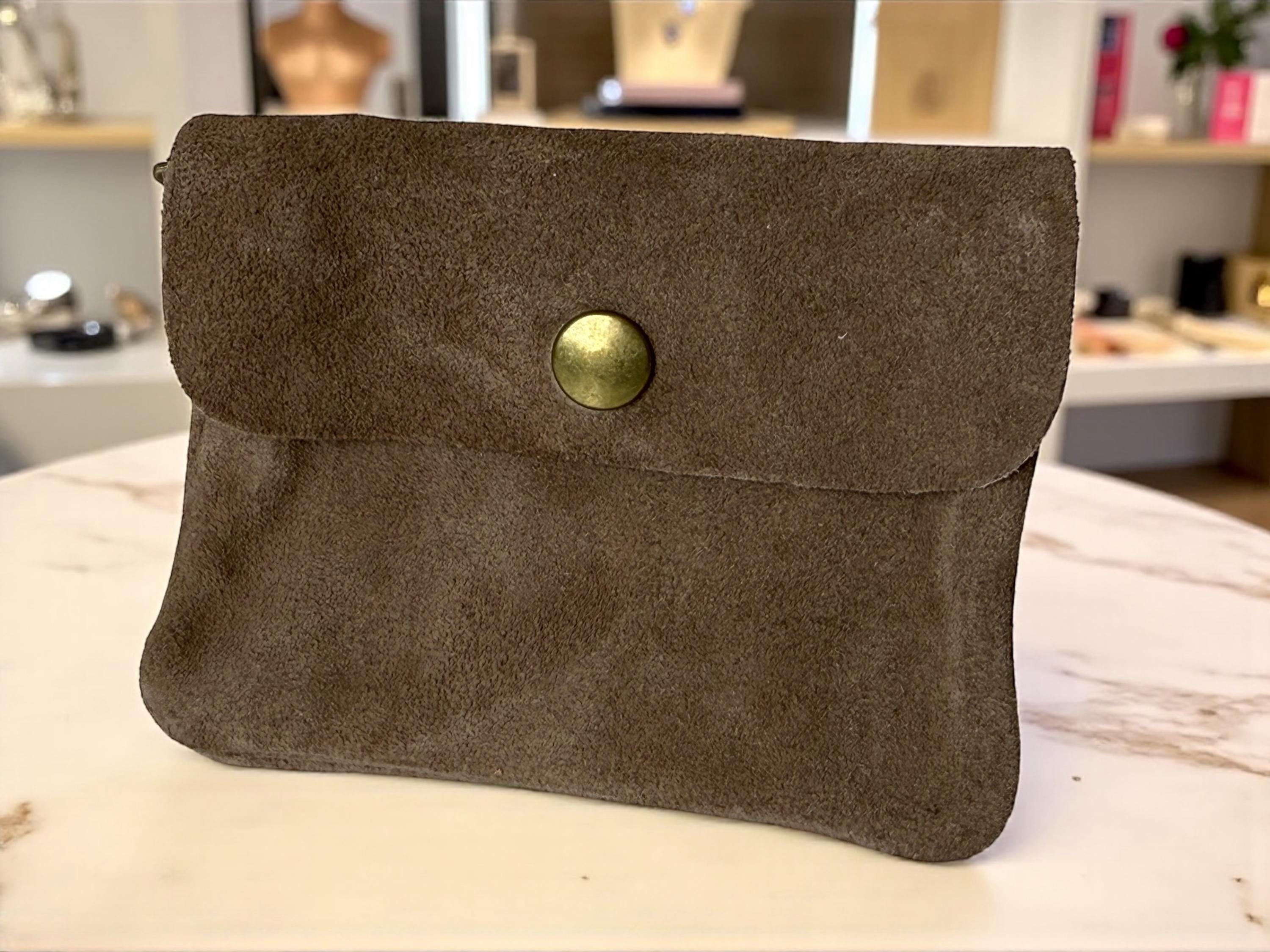 Mini Italian suede wallet with snap button flap in earthy tone - Paloma Palomo