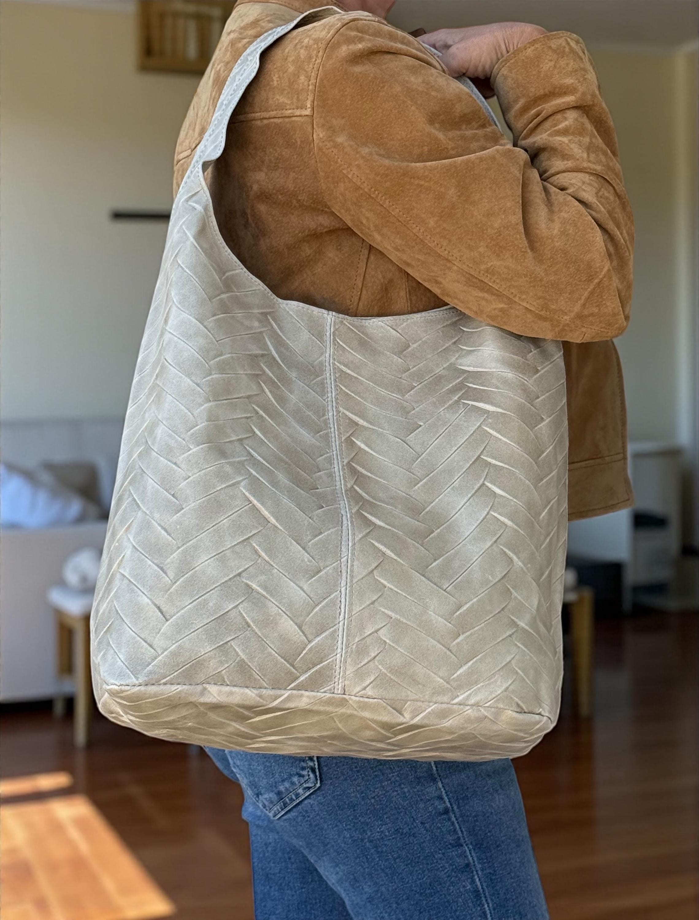 Chevron-Quilted Genuine Leather beige hobo bag