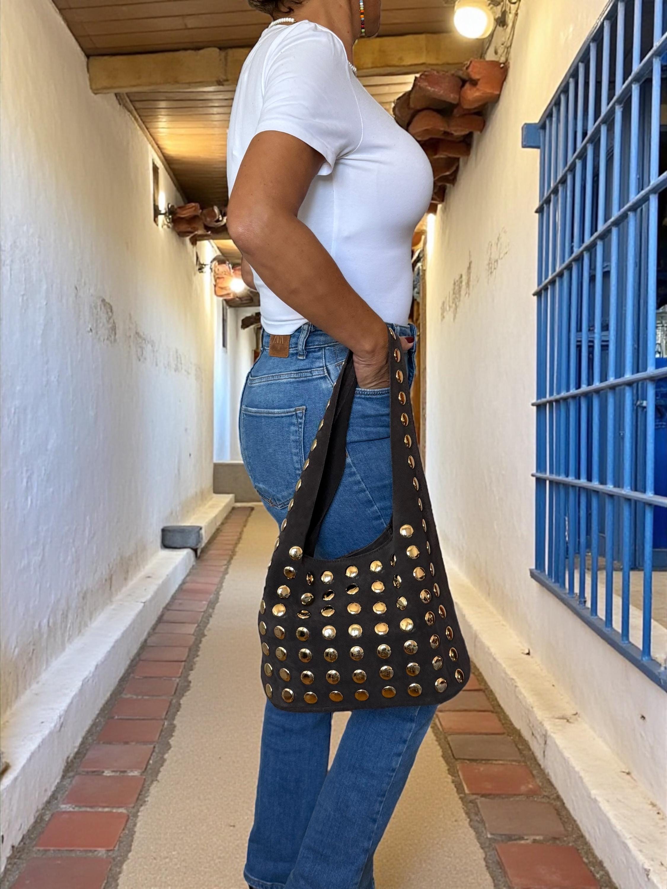 chocolate suede studded shopper bag Paloma Palomo