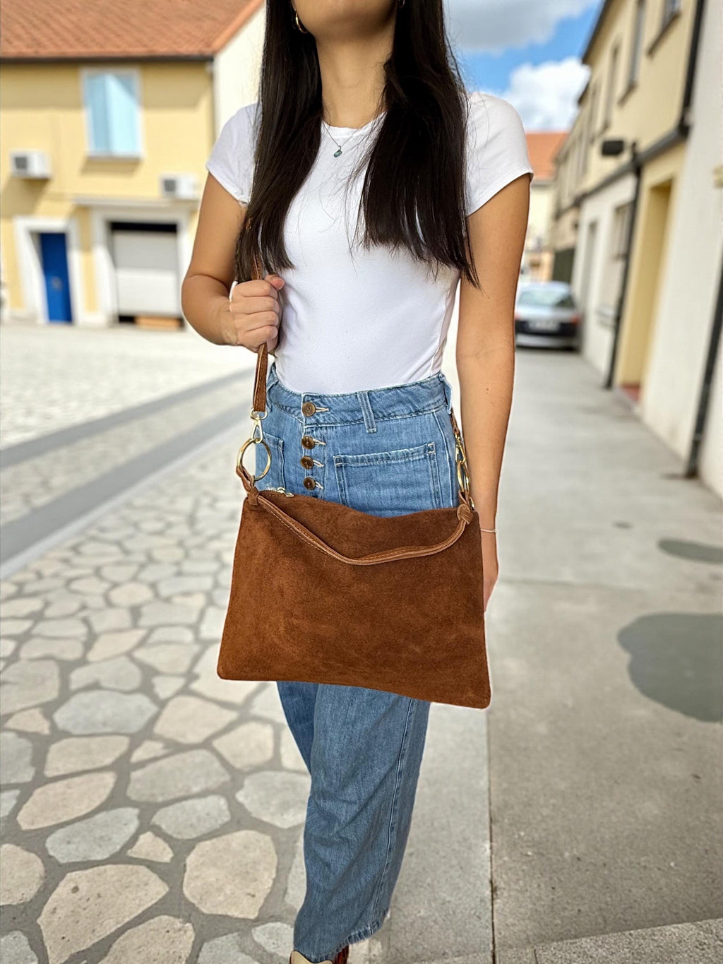 crossbody suede tote bag