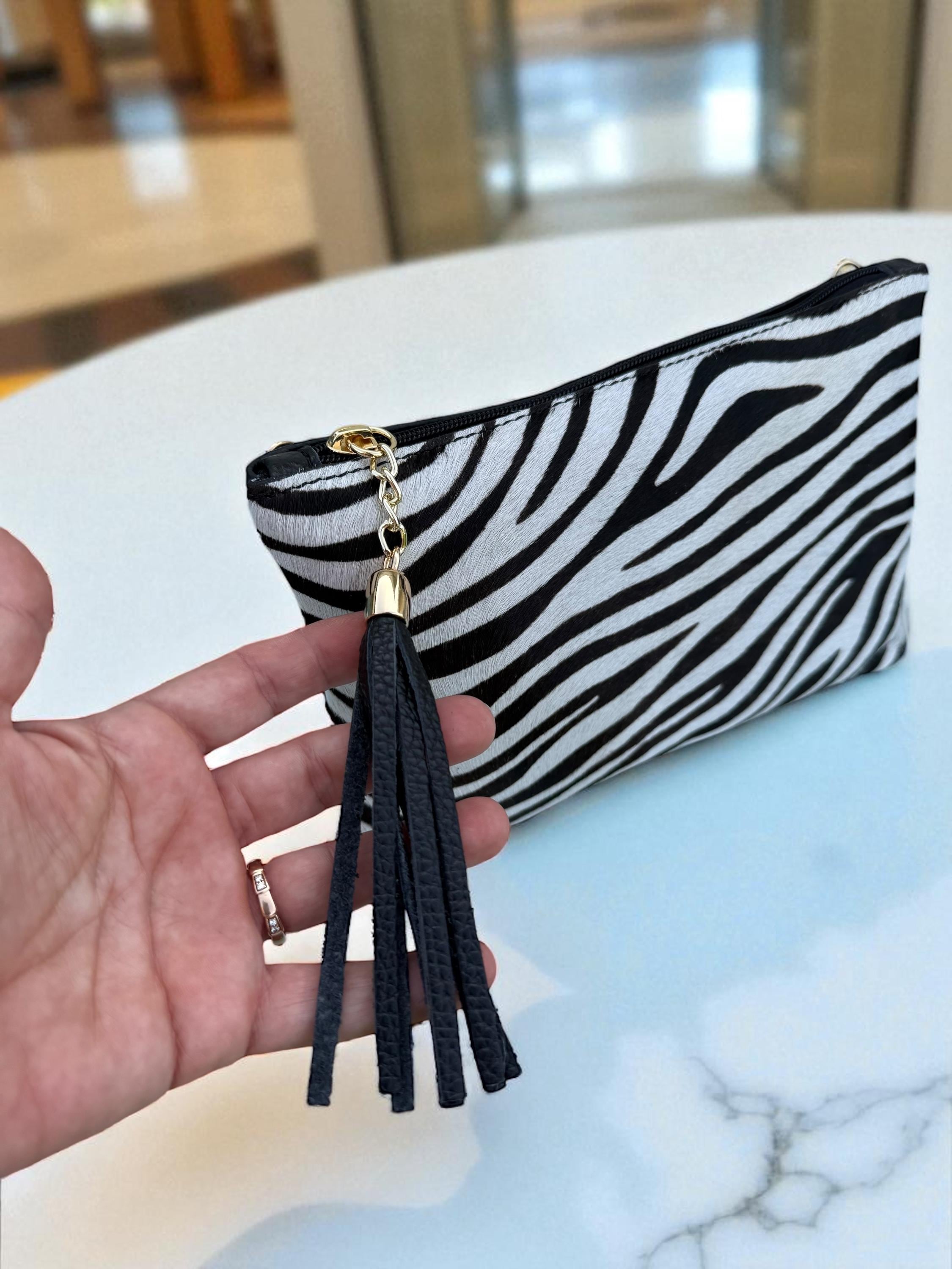 zebra mini bag with tassel