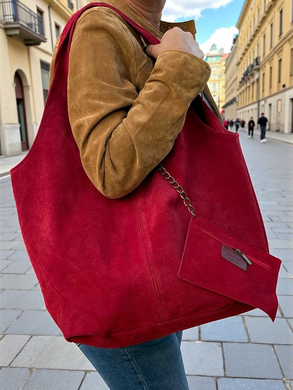 Oversized Red Suede boho Tote bag – University or office bag being modeled on the street.