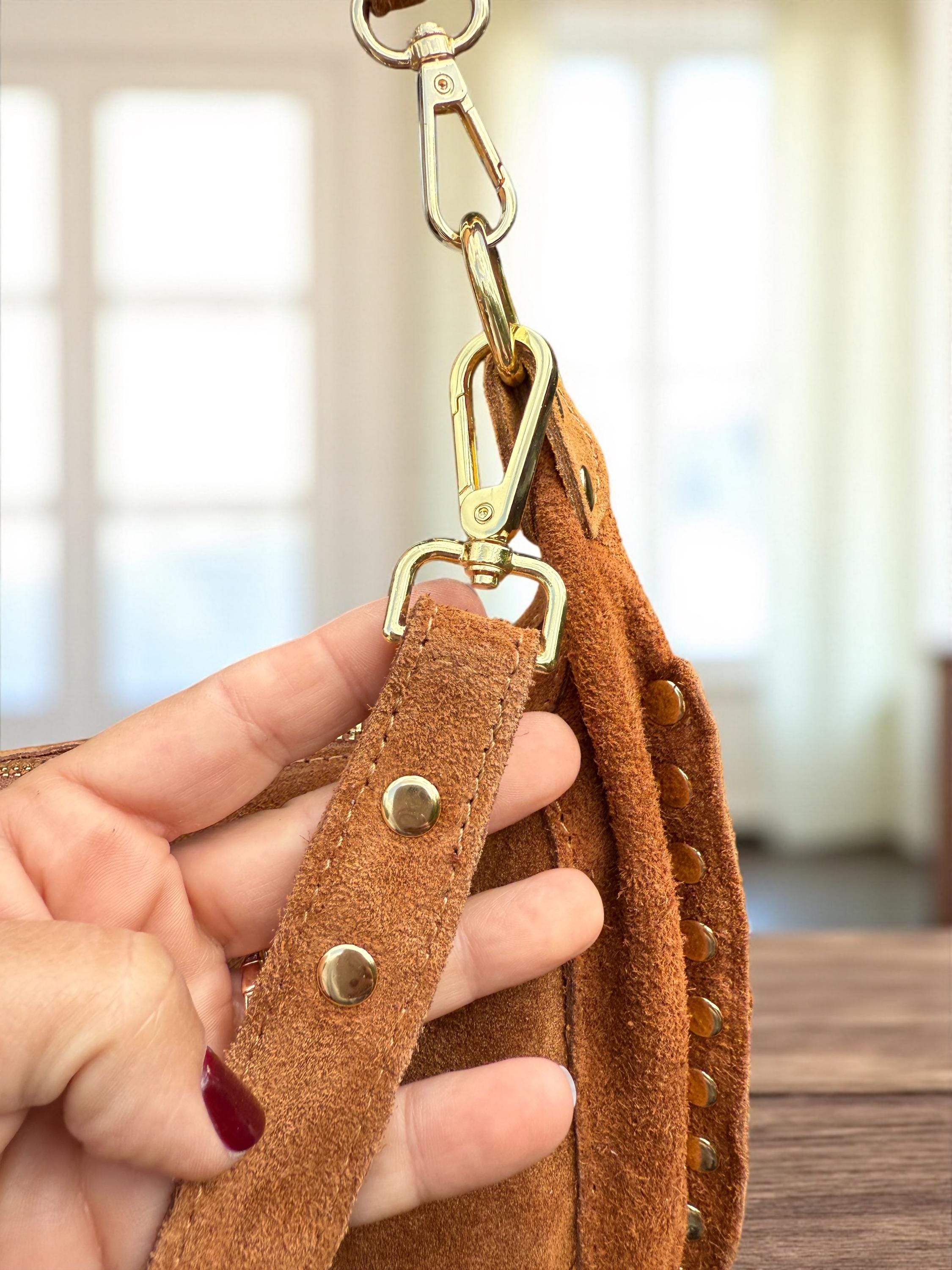 Brown suede bag with gold hardware