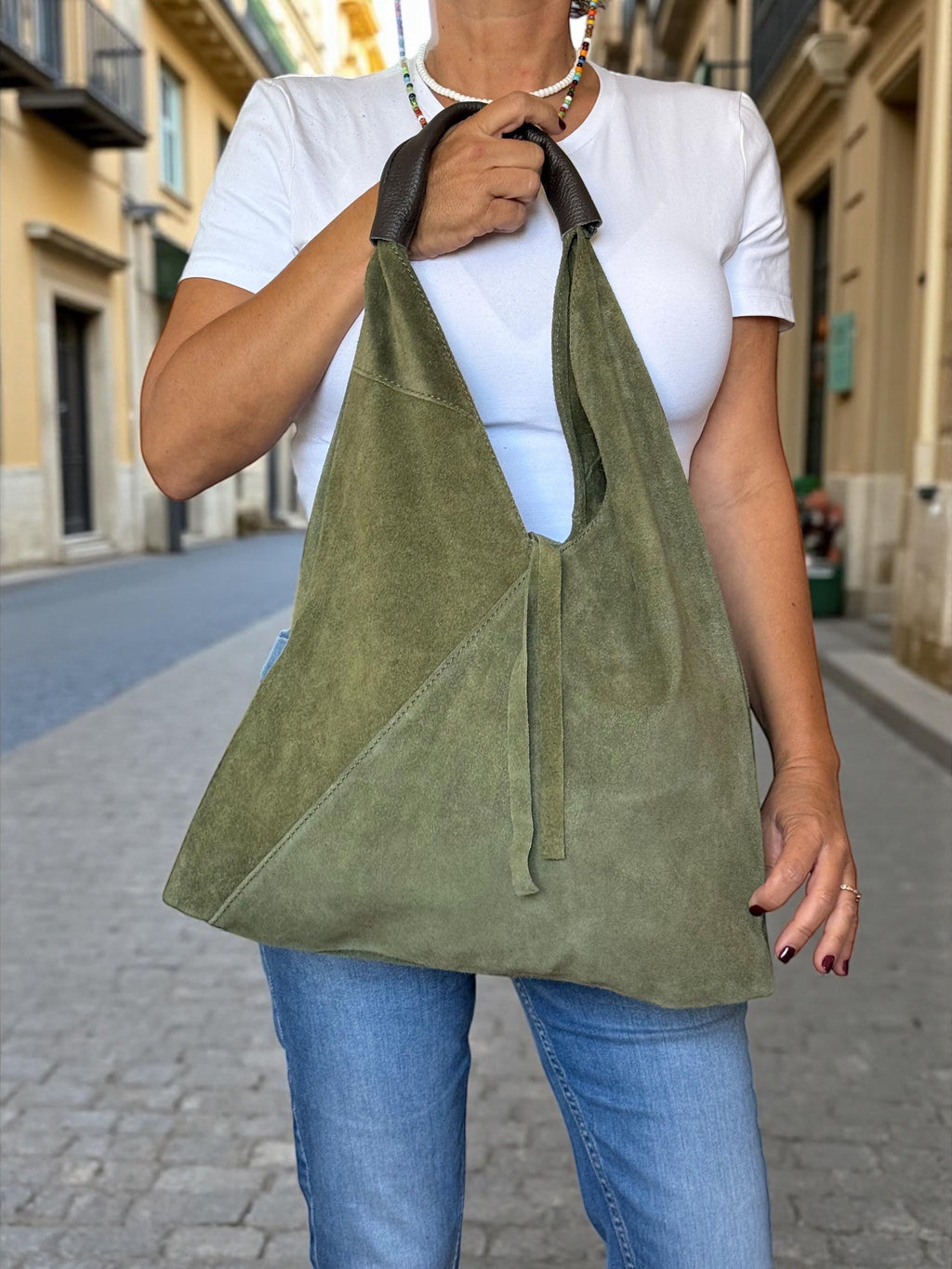 olive green suede hobo boho tote bag Paloma Palomo