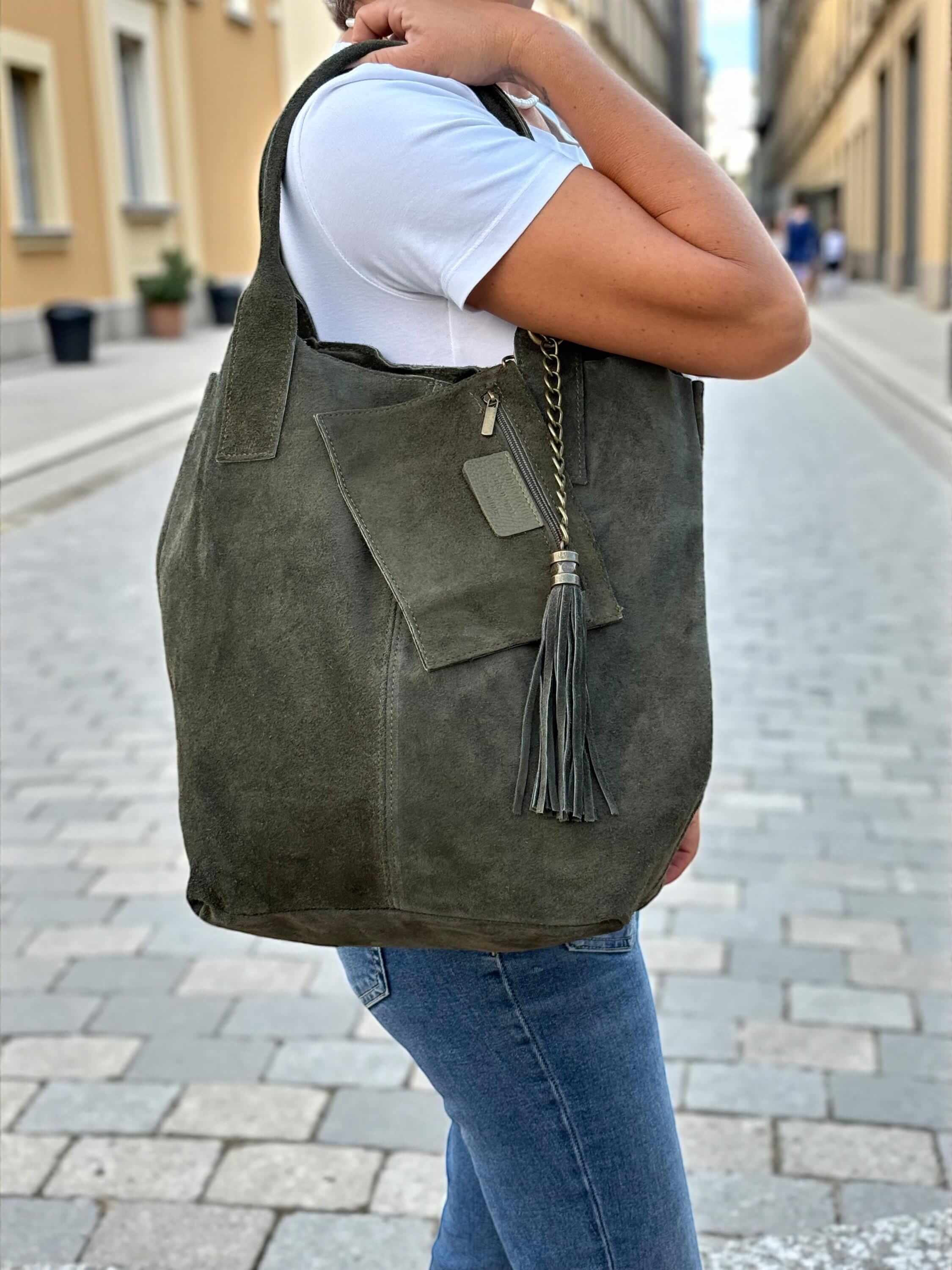 olive green suede shopper with tassel and internal pocket Paloma Palomo