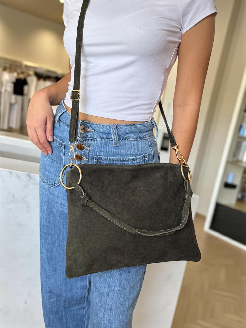 handle or shoulder olive green tote bag 