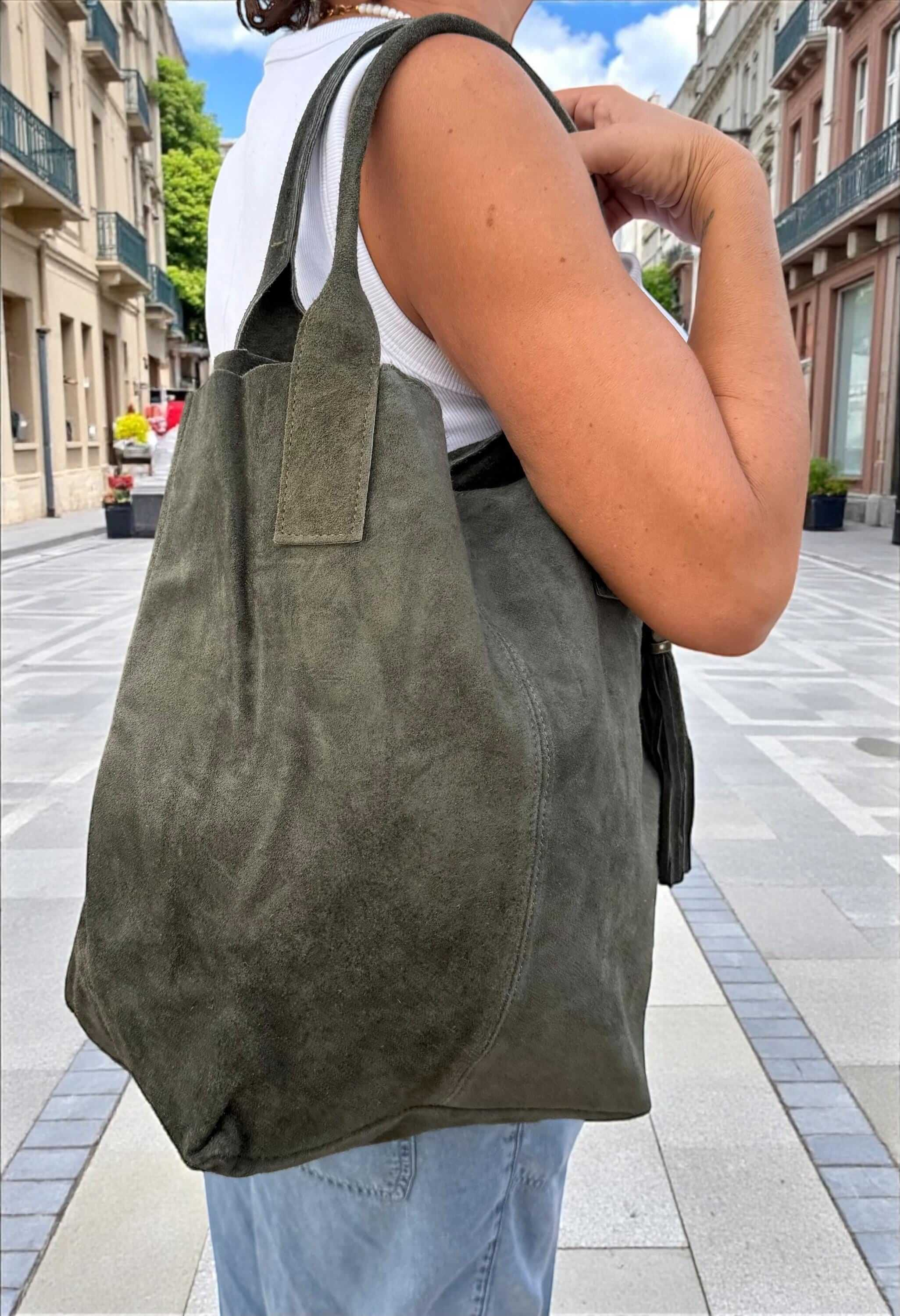 hobo tote bag for traveling Suede olive green Tote Bag with Tassel | hobo boho Bag