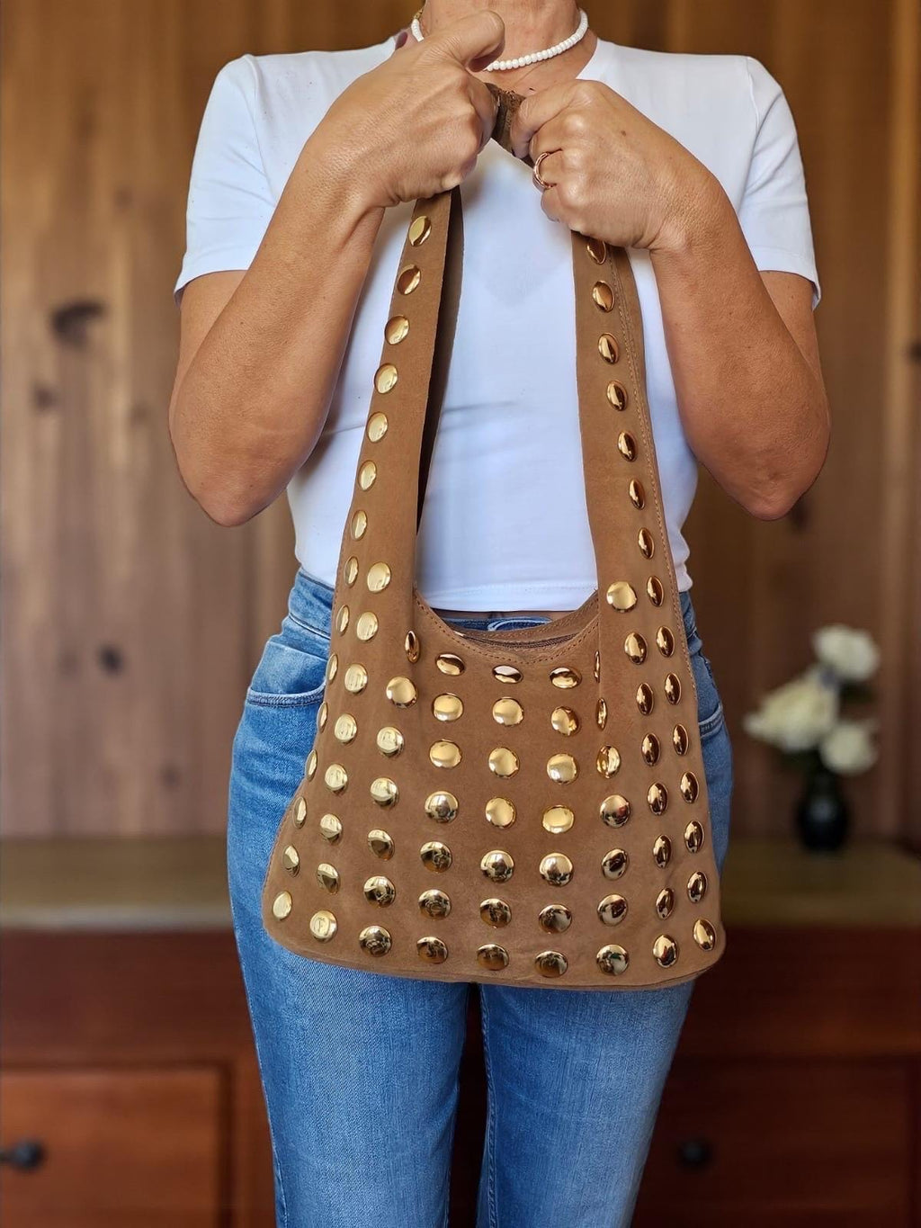 Camel Brown suede studs shoulder bag  Paloma Palomo