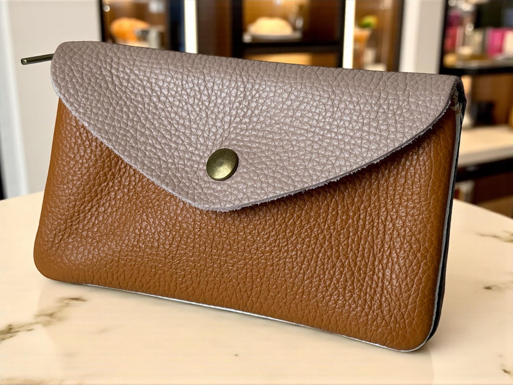 Taupe and camel genuine leather wallet