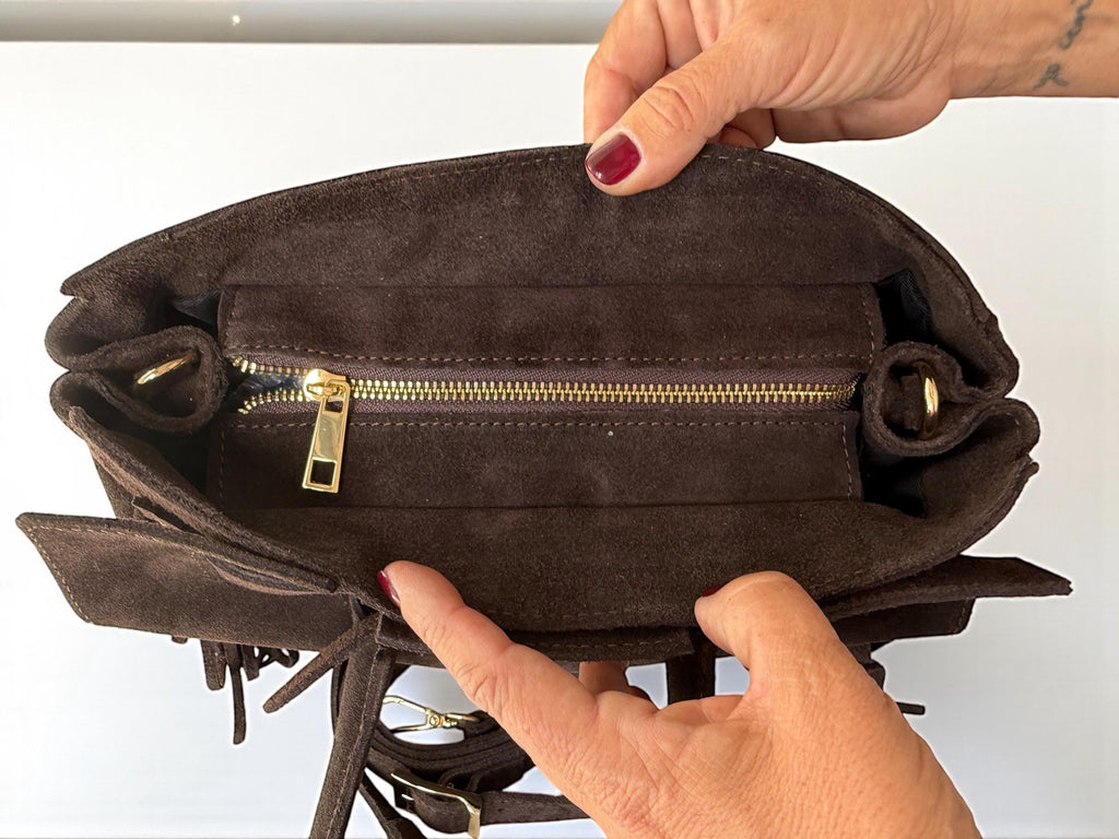 zipper closure chocolate brown suede shopper Paloma Palomo